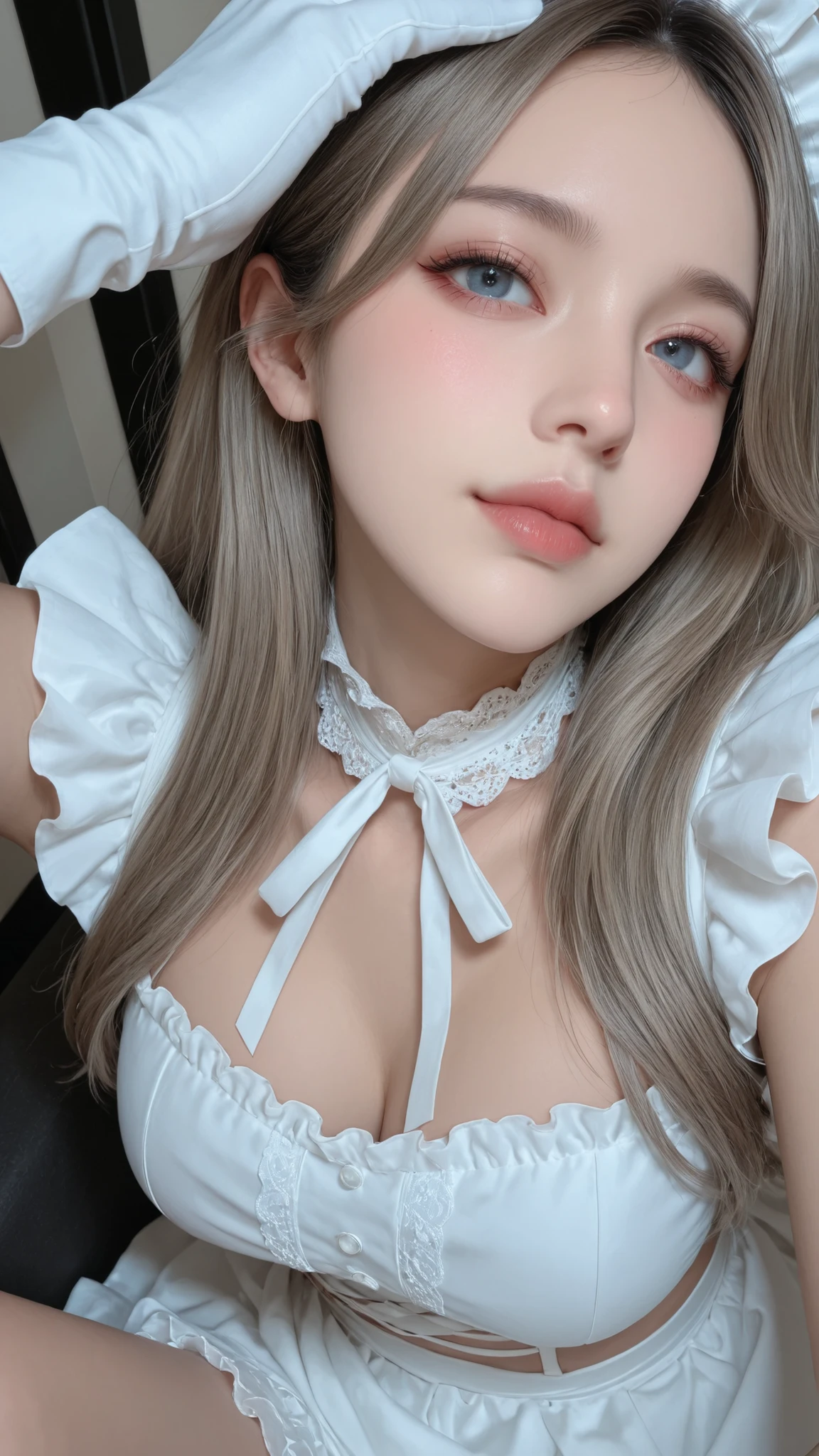 Masterpiece, detailed, high quality, top quality, 特別に演出されたシーン、close up portrait, from chest up, ポニーテールの日本人女が夕日に照らされて光が反射しています、detailed cute k-pop idol face, high resolution beautiful face, stand and spread legs wide, 女性は透明なレインコートを着ています、女性は透明なセクシャルなパンツを履いています、私は女性の大きなレースのブラを見ることができます、女性は見えないパンティを着用しています、 女性はパンストを履いています、女性は白い光沢のあるレスリングブーツを履いています、白い膝当て、too short frill skirt, thick thigh, white gloves, 大きく太い機械を手に持っています、彼女はビルの外の階段を登っています、幾何学的で複雑すぎる模様の壁、白いシロップが付いた壁、背景に光る雲がある、高画質、高品質な、リアリスティック・オン・フォー、8k、super dynamic angle, as action cinema, as official art, as cover art concept, no text, (((from dynamic view))), face from above, ((realistic super detailed skin neck)), beautiful eyes,