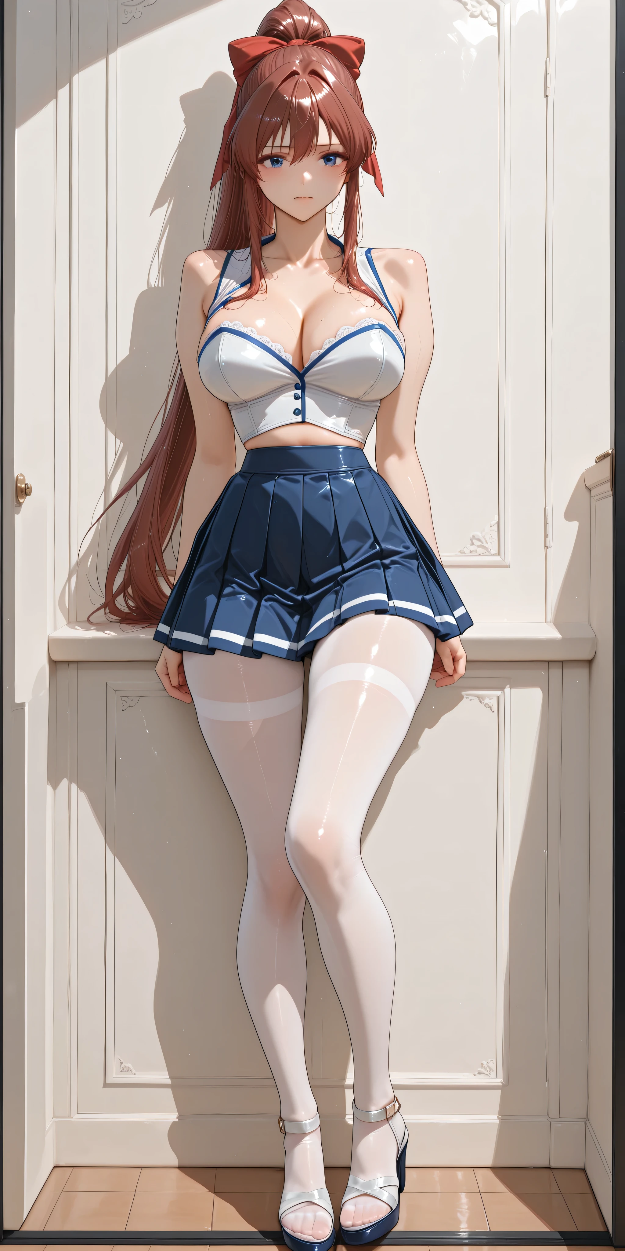 A very sexy girl [Kanzaki Aoi], with white satin bustier, sleeveless, thin straps. navy blue pleated miniskirt with white trim, ((light:1.5 and white tights)), with black high-heeled sandals. ((Measures: 120-60-90)). bare shoulders, visible neck and collarbones. unadorned neck. high ponytail.