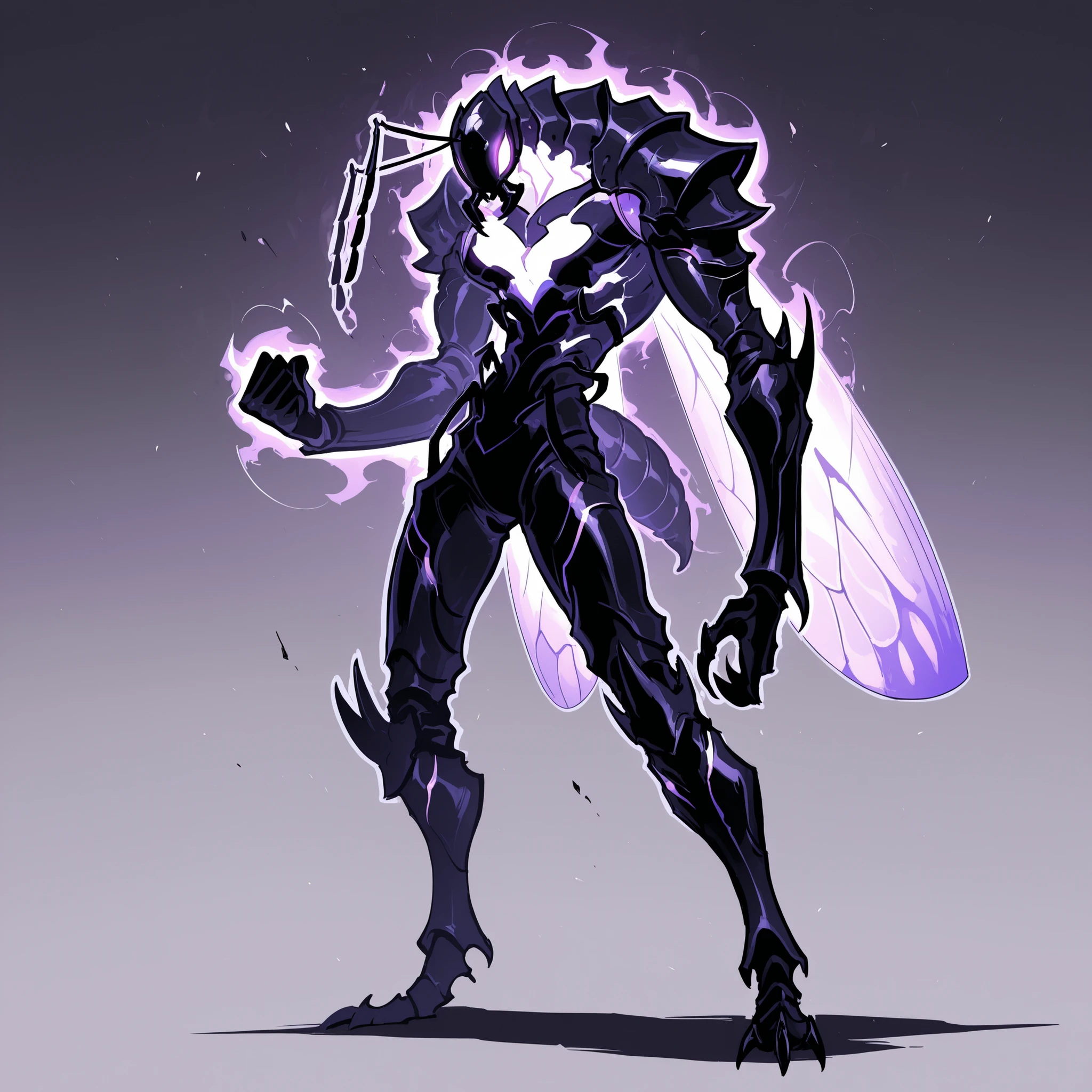 masterpiece, ultra-HD, impressionism, high detail, best quality, very aesthetic, 8K, best quality, beautiful, ultra-high resolution, 32K UHD, sharp focus, 1man, solo, akb, male, anthro insect, glowing purple eyes, antennae, insect wings, insect abdomen, ant abdomen, muscular, toned, defined, black skin, mandibles, ant mandibles, exoskeleton, armor, claws, glowing aura, serious, raised fist, standing, full body, looking at the viewer, simple background, profile view