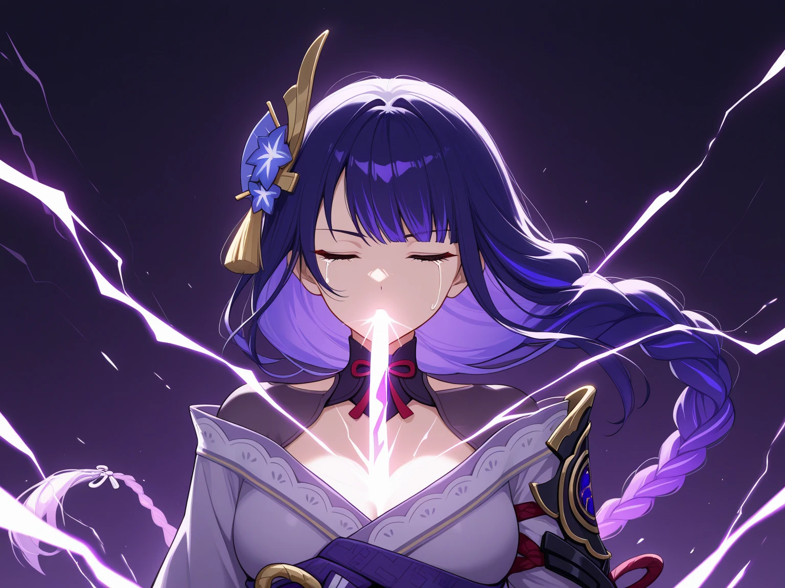 ((seppuku, suicide, blood spurt, blood, squirt))cover,geometric background,Dojinshi,Graphic Design,illustration cover, color art, intricate details, high contrast, detailed background, beautiful detailed, beautiful face, blight face, large pupil, eyelashes, brilliant skin, 1girl, solo,facing up, electricity,floating hair,holding sword,human scabbard,musou isshin (genshin impact), cyberpunk warrior, neon lights, glowing katana, electric purple armor, holographic circuits, vibrant colors, cinematic lighting, high-tech accessories, futuristic vibes, ready to draw, scabbard, dynamic pose, thunder sword ,masterpiece,best quality,amazing quality