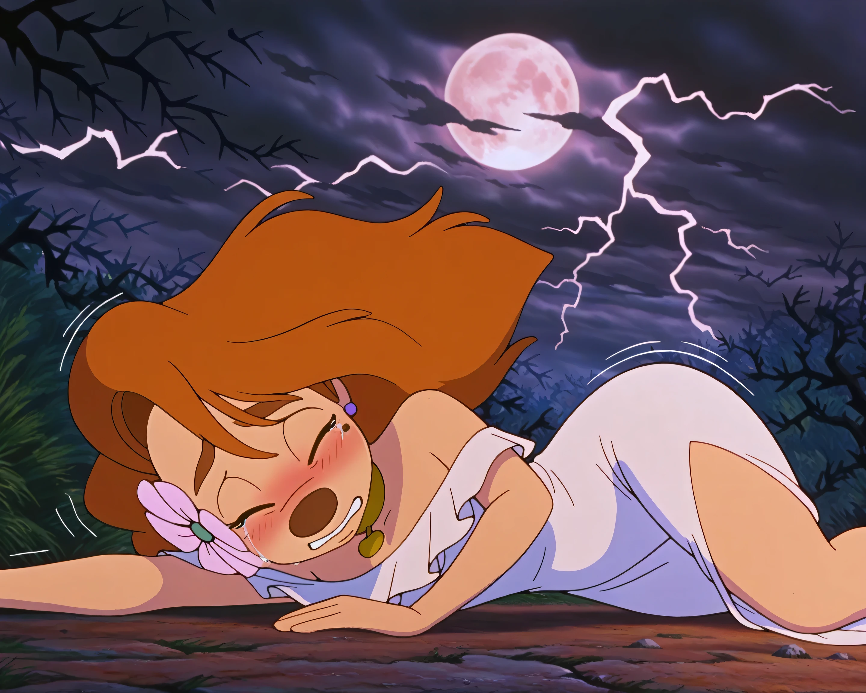 1girl, roxanne,  furry female, white dress, outdoors, nighttime, lightning, dark clouds, full moon, thorn bush, dead trees, scary atmosphere, woods, lying on ground, hair flower, gold choker, lying on side, shy, fear, scared expression, sad, tears, blushing, eyes closed, crying, shivering, wind, ,(masterpiece,best quality,newest,absurdres,highres) 