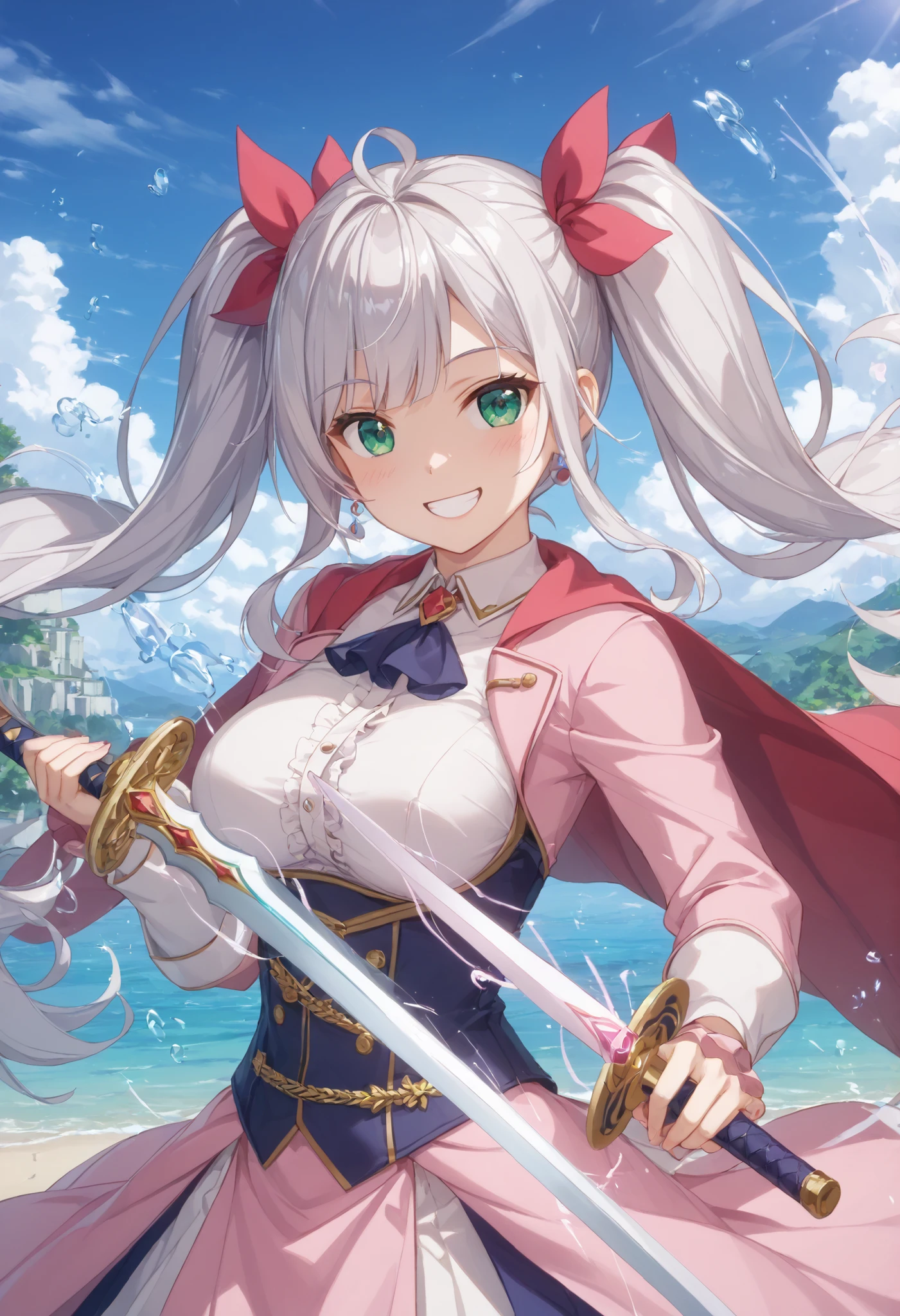 (((SFW、Highest quality、A first-class masterpiece、normal body 、32K、detailed faces、Ultra High Accuracy、Normal hand、Highest)))、Miles/、Adele Von Askam、Beautiful girl、 Silver Hair、twin tails、blue green eyes、Slim、slender、Short Height、 height 158 cm、Weight 38Kg、Beautiful Breasts、 bust 87 cm 、waist 48cm、hips 78cm、Adventurer's Pink Clothes、Leather Breastplate、miniskirt、Light Sword、wield a sword、Sweep、Attack、Cut、Swordsmanship、combat posture、Magic Rim、 Magic Light 、Magic sword 、Smile