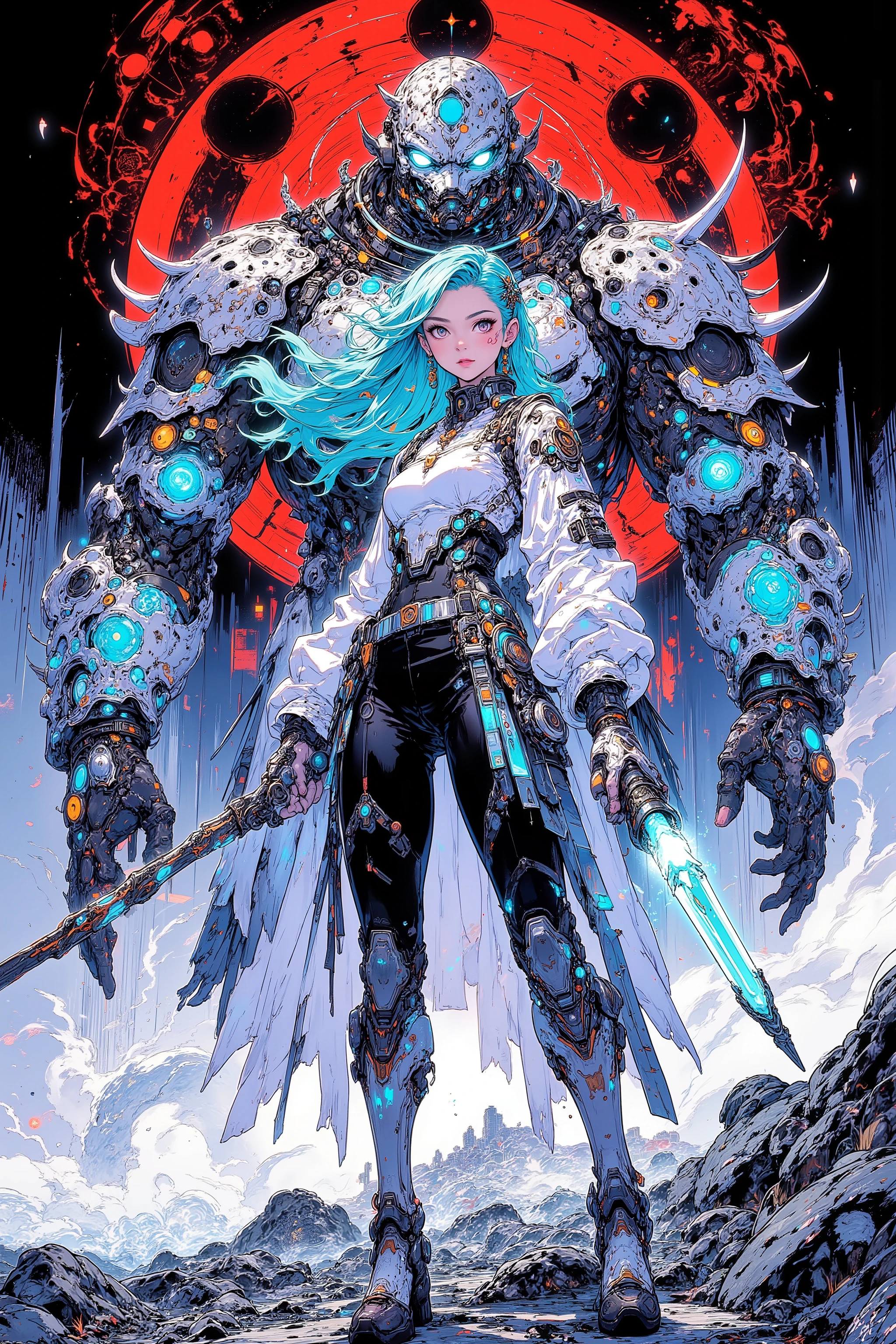black and white,Woman lifting a cane, with a giant behind him, Her outfit is a futuristic blend of white and blue,A giant in armor、 and a determined young summoner,giant creatures、 Her large eyes emanate energy and power、A violent summoner。The exterior is a, stripes like lava, Powerful, NATURAL PROPORTION. A sinister glow over an urban landscape,Fierce, A circular red marking suggests a central energy source, A close-up of a manga character, An elegant blue light emanates from it,long hair, A confident young woman stands in the foreground,She waves a wand, adorned with aquatint hair,Metallic Accents, A confident young woman summons a giant, Contrast with the heroine's calm determination, Her body emanates energy and power, Intertwined with dark ripples flowing dramatically around her,Add depth,Chaotic Scenes, She holds a crystal-tipped staff up towards the sky, A dynamic, vibrant illustration, spectacular art cover, Spectacular anime artwork,detailed key anime art,Anime Fantasy Artwork,Onmyoji detailed art,high detailed official artwork