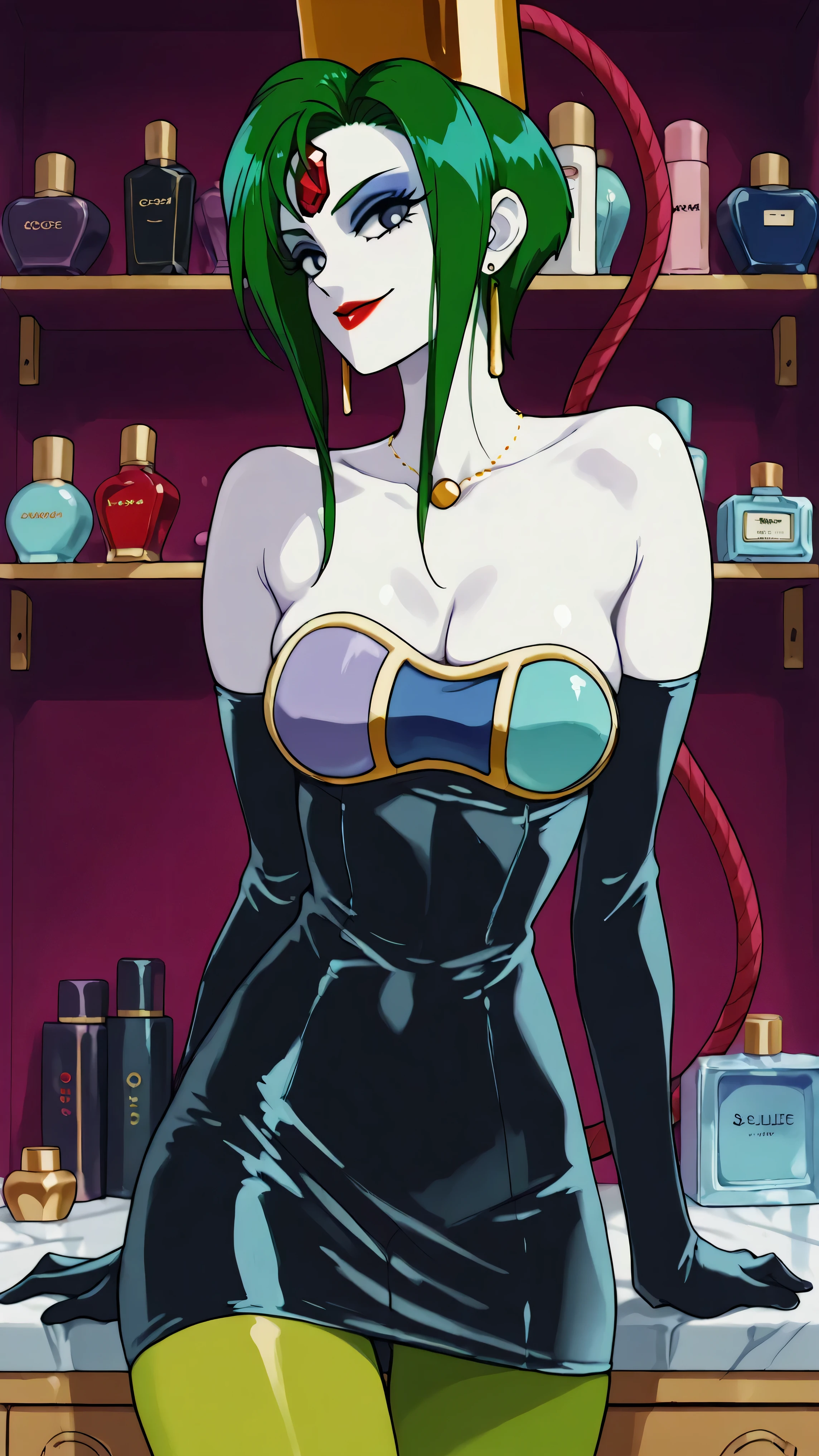 score_9,score_8_up ,score_7_up ,Very Cute Girls:5.0, masterpiece, high image quality, ,perfect face:5.0, very cute face, retro anime style,One Girl, Slim, heavy makeup:9.0 , green hair, white skin:5.0 , Red jewel on forehead, glossy clear red lipstick, big blue eyes, villain pose , Brutal Mockery , closed mouth with a big smile, Look back in a big way, 顔up, 顔ドup, gold round necklace, long thin gold earrings, red lips, Stylish white dressing table, solo, Perfume Bottle Shelf, colorful perfume bottle, the most skinny thighs, dark blue latex long sleeve grobe, strapless dark blue latex dress, dark blue latex short dress, green pantyhose, gold cap with red hose, クリーンな眉間, 冷酷にあざ笑う顔, very big evil smile, very Big saggy breast, 閉じた目