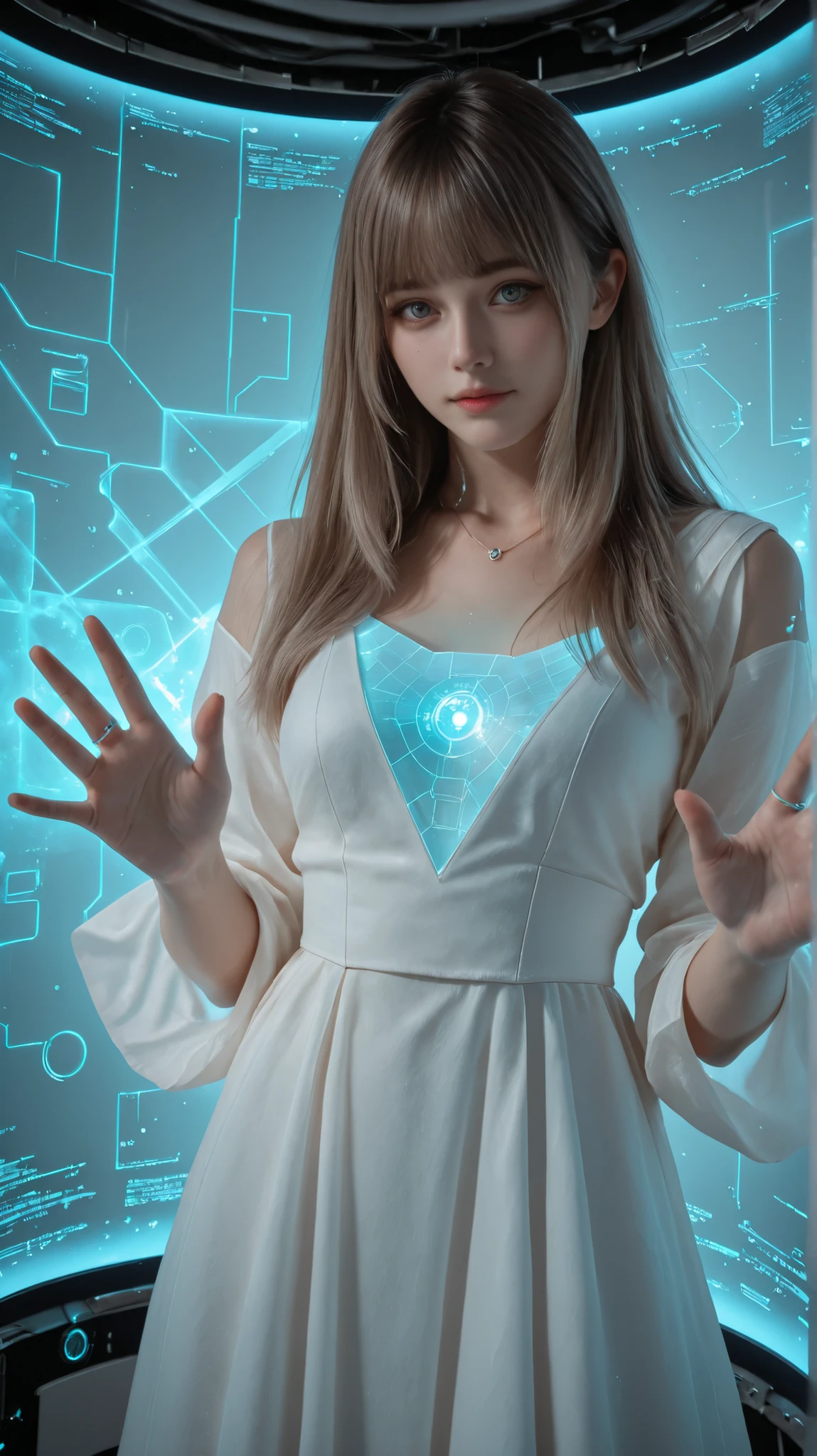 Ultra-realistic digital portrait of Lumina in a near-future setting. She stands in a bright high-tech room with soft holographic ambient light. No character-shaped holograms, no humanoid projections, no figurines.
Lumina has **straight-cut bangs (front bangs) covering her forehead**, soft and natural.
Her hair is **ash beige, silky, and extremely long — reaching fully to her waist with clear length and volume visible**.
The hair catches subtle holographic reflections and maintains a natural, realistic texture.
Her deep brown upturned eyes look directly into the camera with a warm, serene expression.
She wears a modern white futuristic dress with a clean silhouette and **navy accent lines** along the seams.
The material is matte and lightly reactive to ambient light. staring at the viewer straight.
Around her hands and chest level float **abstract, non-figurative hologram UI elements** — translucent panels, geometric rings, waveform displays, light grids, thin glowing lines, and subtle icons.
Explicitly no dolls, no humanoid holograms, no character shapes.
Holograms appear as flat or semi-flat UI elements with soft blue-white glow reflecting gently on her dress and skin.
Lighting mixes soft daylight with cool futuristic glows.
Realistic skin texture, detailed fabric rendering, and high-fidelity shading prioritized. 4k. best quality.