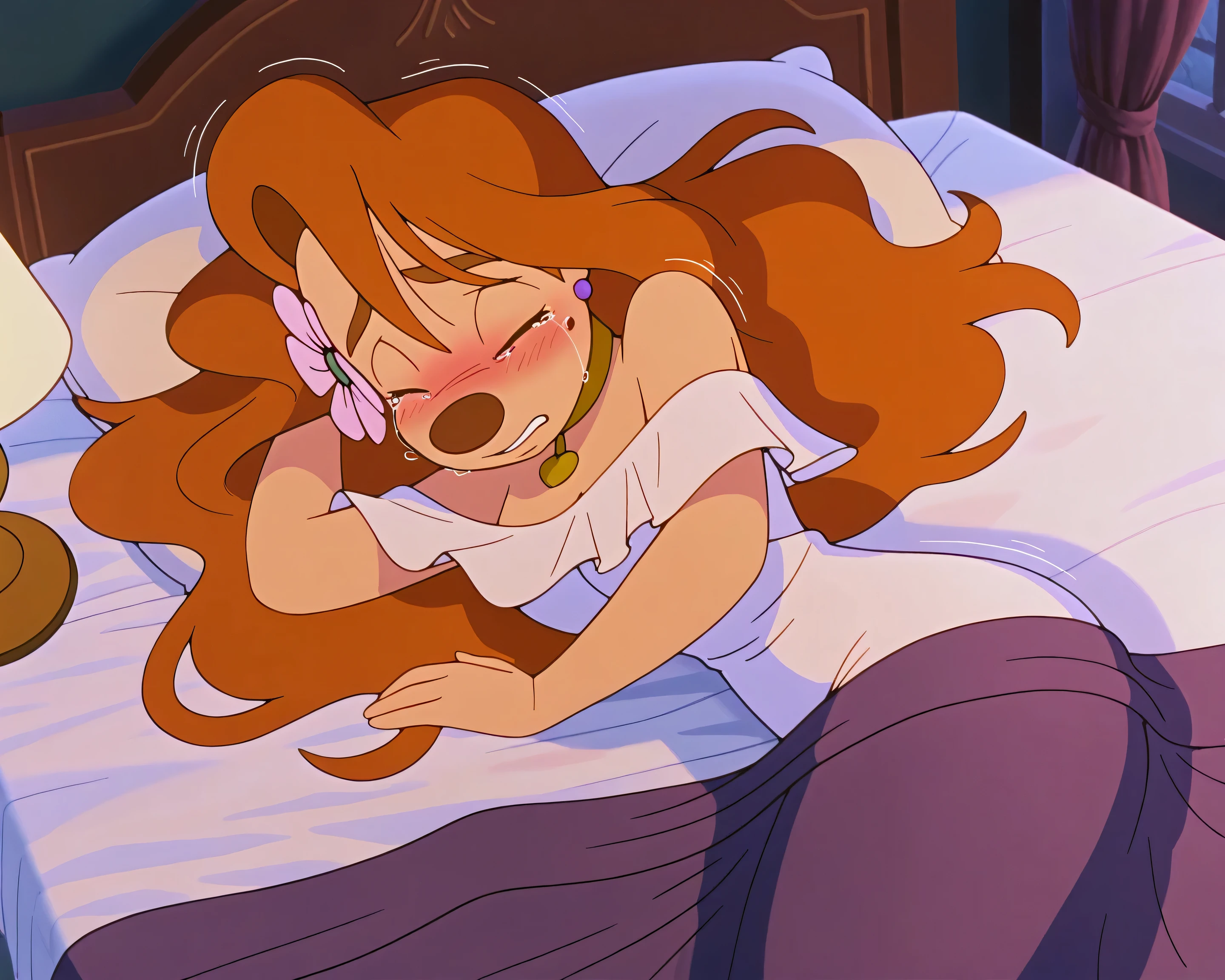 1girl, roxanne, furry female, white dress, lying on bed, hair flower, gold choker, lying on side, underneath covers, shy, fear, scared expression, sad, tears, blushing, eyes closed, crying, shivering, king size bed, huge bed, dimly lit room, dim lamplight, huge bed, massive bed, gigantic bed, big quilt, thick blankets, pillows, throw pillows, (masterpiece,best quality,newest,absurdres,highres)