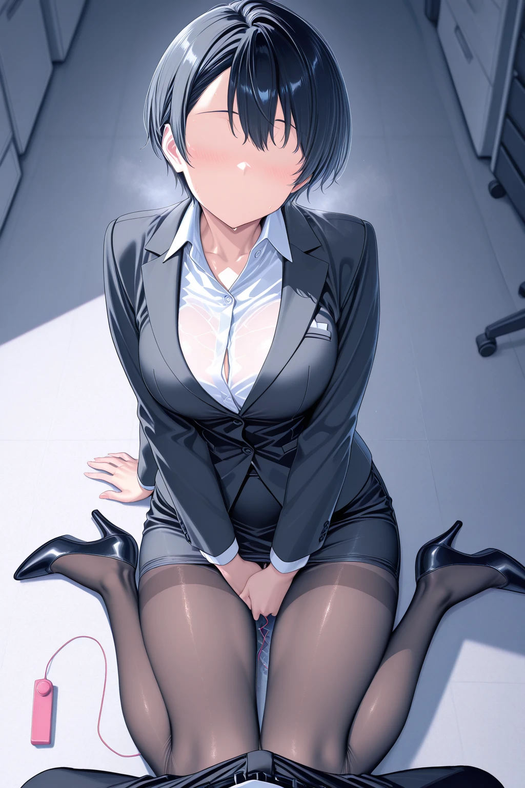 masterpiece, best quality, high definition images, atmospheric perspective, expressive eyes, perfect face, ultra detailed, solo, 1mature seductive woman lying down in a carelessly sprawled on desk, alluring pose, black short bob hair, simple glasses, business suit, vest, blouse, , pencil skirt, tight mini skirt, , panties, curvy, thighs, pantyhose, high heals, calm smile, in office,