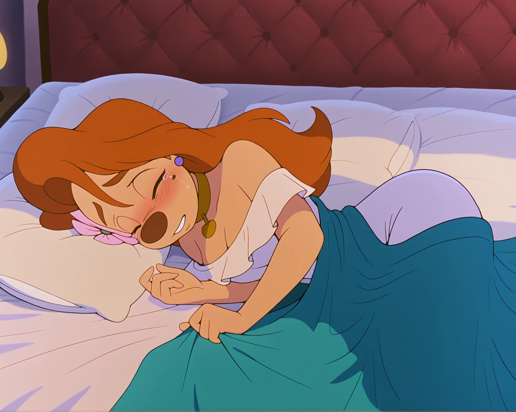 1girl, roxanne, furry female, white dress, lying on bed, hair flower, gold choker, lying on side, underneath covers, shy, fear, scared expression, sad, tears, blushing, eyes closed, crying, shivering, king size bed, huge bed, dimly lit room, dim lamplight, huge bed, massive bed, gigantic bed, big quilt, thick blankets, pillows, throw pillows, (masterpiece,best quality,newest,absurdres,highres)