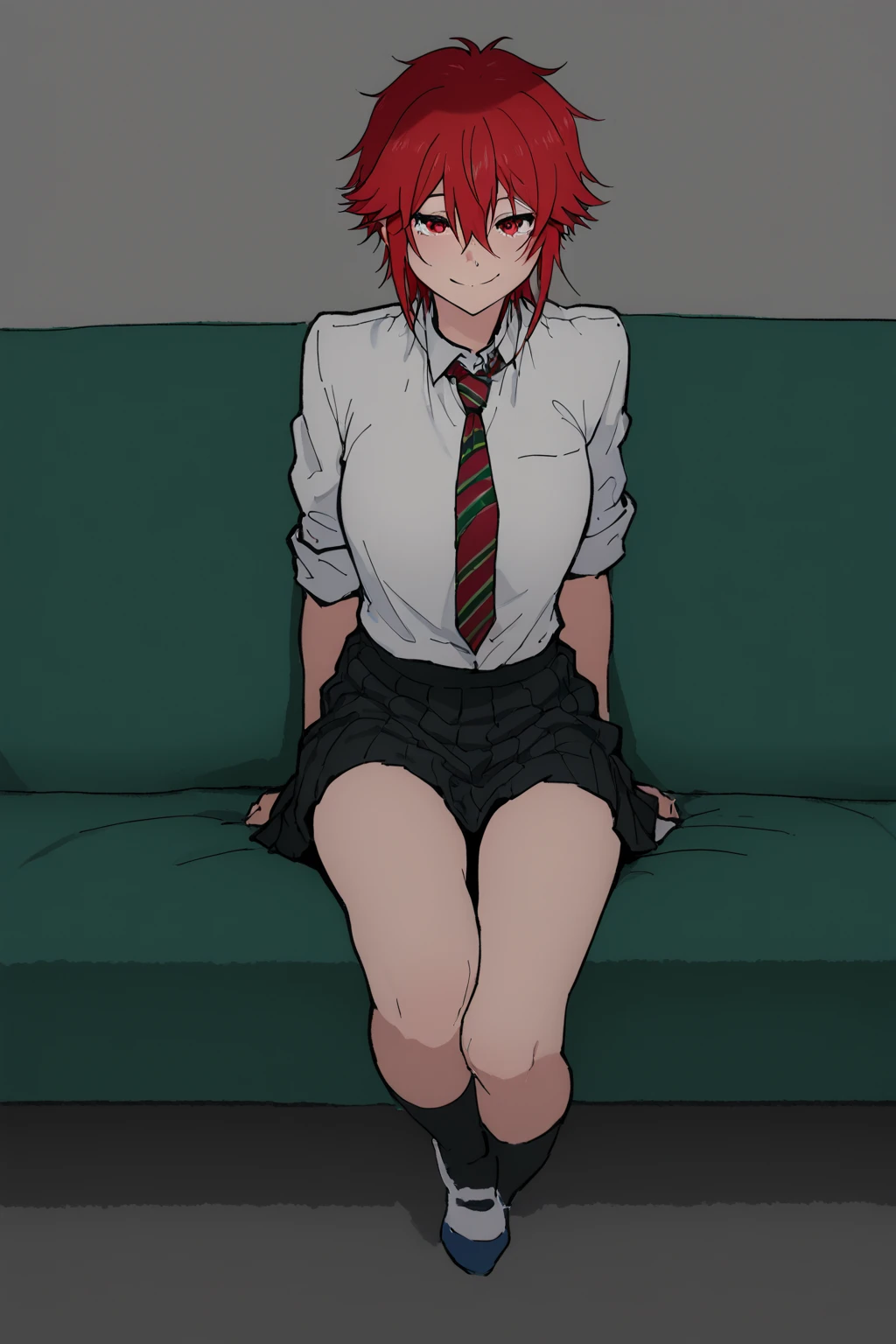 a red-haired girl with short hair wearing a not so voluptuous anime-style princess headband in the costume of a red schoolgirl sitting on her legs extending her arms in front of her chest as if she wanted to hug someone while the perspective from the front is blushed, staring intently at the perspective 