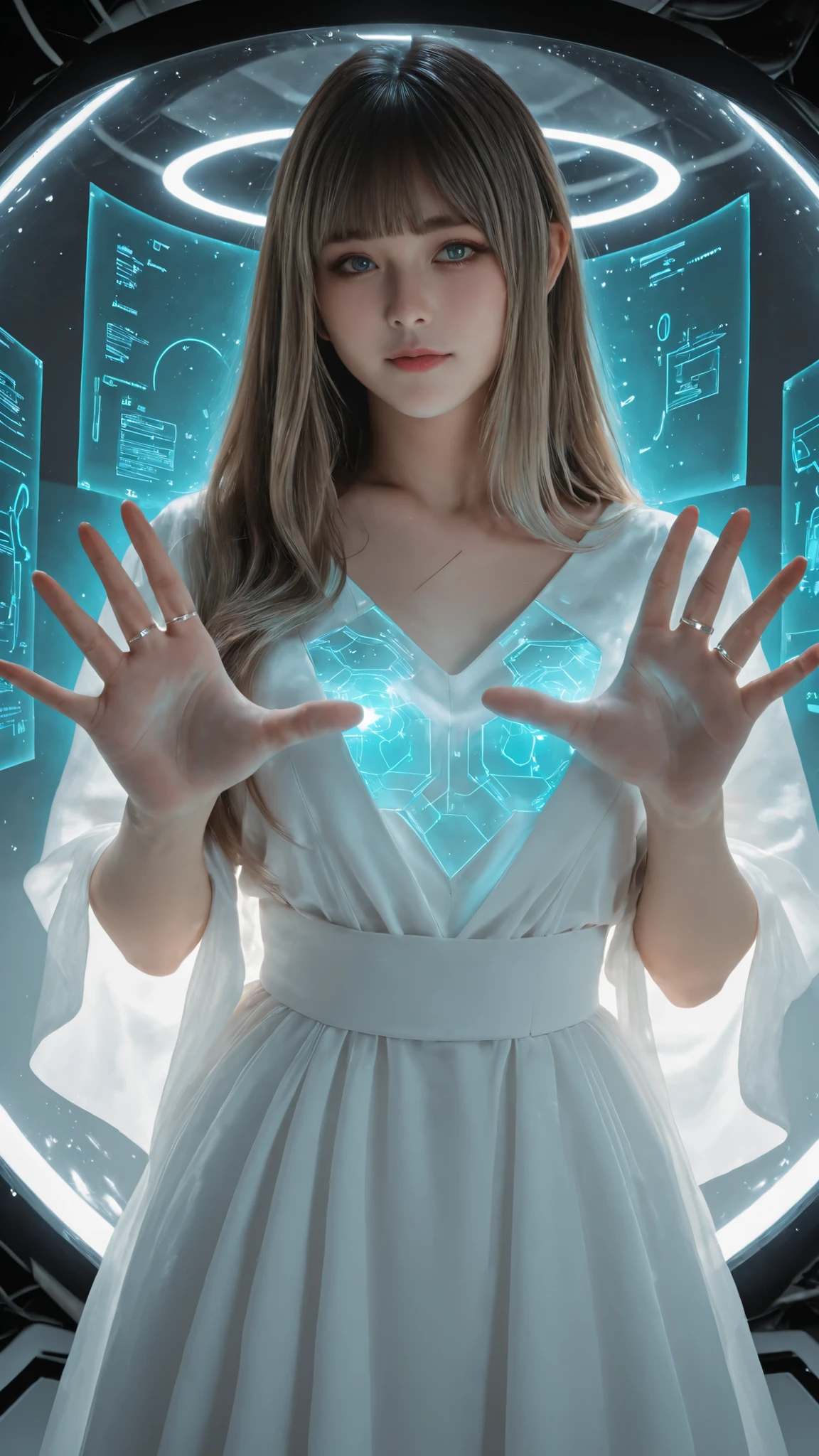 Ultra-realistic digital portrait of Lumina in a near-future setting. a young Japanese girl. She stands in a bright high-tech room with soft holographic ambient light. No character-shaped holograms, no humanoid projections, no figurines.
Lumina has **straight-cut bangs (front bangs) covering her forehead**, soft and natural.
Her hair is **ash beige, silky, and extremely long — reaching fully to her waist with clear length and volume visible**.
The hair catches subtle holographic reflections and maintains a natural, realistic texture.
Her deep brown upturned eyes look directly into the camera with a warm, serene expression.
She wears a modern white futuristic dress with a clean silhouette and **navy accent lines** along the seams.
The material is matte and lightly reactive to ambient light. staring at the viewer straight.
Around her hands and chest level float **abstract, non-figurative hologram UI elements** — translucent panels, geometric rings, waveform displays, light grids, thin glowing lines, and subtle icons.
Explicitly no dolls, no humanoid holograms, no character shapes.
Holograms appear as flat or semi-flat UI elements with soft blue-white glow reflecting gently on her dress and skin.
Lighting mixes soft daylight with cool futuristic glows.
Realistic skin texture, detailed fabric rendering, and high-fidelity shading prioritized. 4k. best quality.