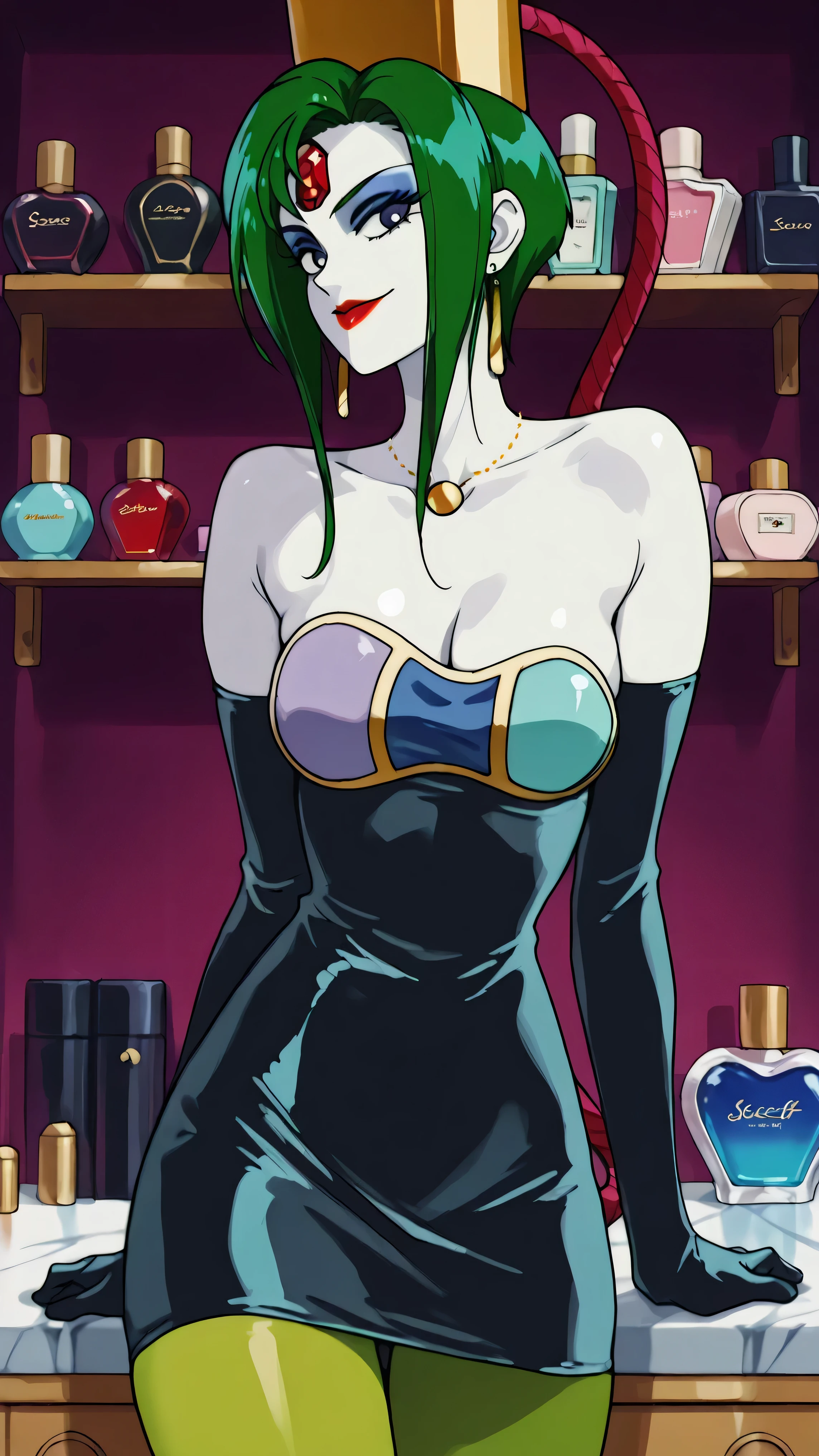 score_9,score_8_up ,score_7_up ,Very Cute Girls:5.0, masterpiece, high image quality, ,perfect face:5.0, very cute face, retro anime style,One Girl, Slim, heavy makeup:9.0 , green hair, white skin:5.0 , Red jewel on forehead, glossy clear red lipstick, big blue eyes, villain pose , Brutal Mockery , closed mouth with a big smile, Look back in a big way, 顔up, 顔ドup, gold round necklace, long thin gold earrings, red lips, Stylish white dressing table, solo, Perfume Bottle Shelf, colorful perfume bottle, the most skinny thighs, dark blue latex long sleeve grobe, strapless dark blue latex dress, dark blue latex short dress, green pantyhose, gold cap with red hose, クリーンな眉間, 冷酷にあざ笑う顔, very big evil smile, very Big saggy breast, 閉じた目