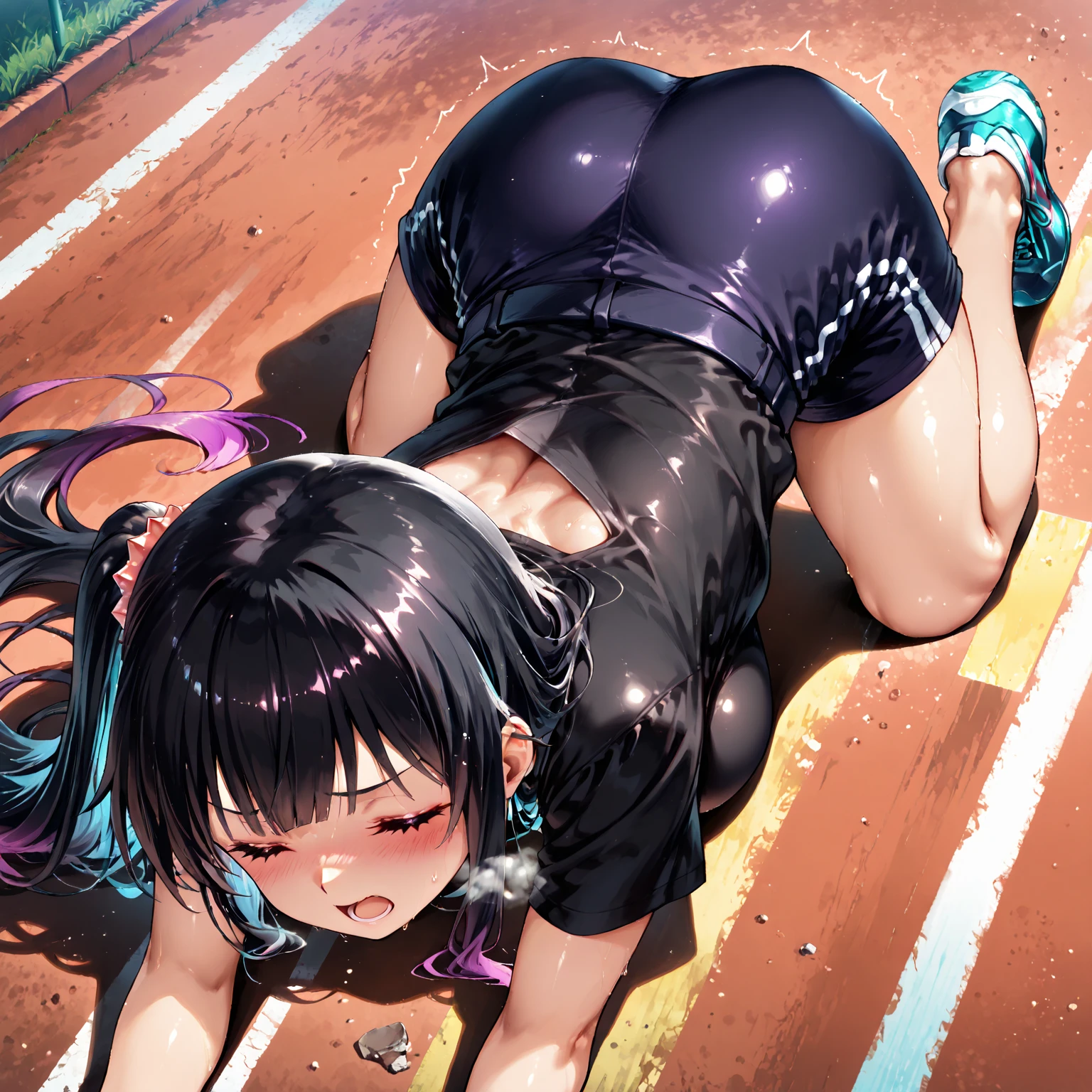 masterpiece, Superb illustrations, Highest quality, Particles of light, Very detailed, 8k wallpaper, (Vibrant colors:1.2), (girl), look back,Laugh shyly,blush, Laugh shyly, Gaze lovingly at,Medium , Black Hair, Messy Hair, Medium length hair, ponytail, Pink Ribbon, Shiny Hair, Glowing Skin, Cute Face, (Pink tennis uniform), , , (Beautiful pink eyes, Shining Eyes), , blush cheeks, Open your mouth, (male:1.4), (male standing behind girl), (Intense :1.2), (dorsal position:1.4), Standing puppy, Alienity, (male hold girl's waist:1.4), (View,male性の視点、View from above:1.4),(), National Foundation, Outdoor, Tennis court, sunlight, Shadow,