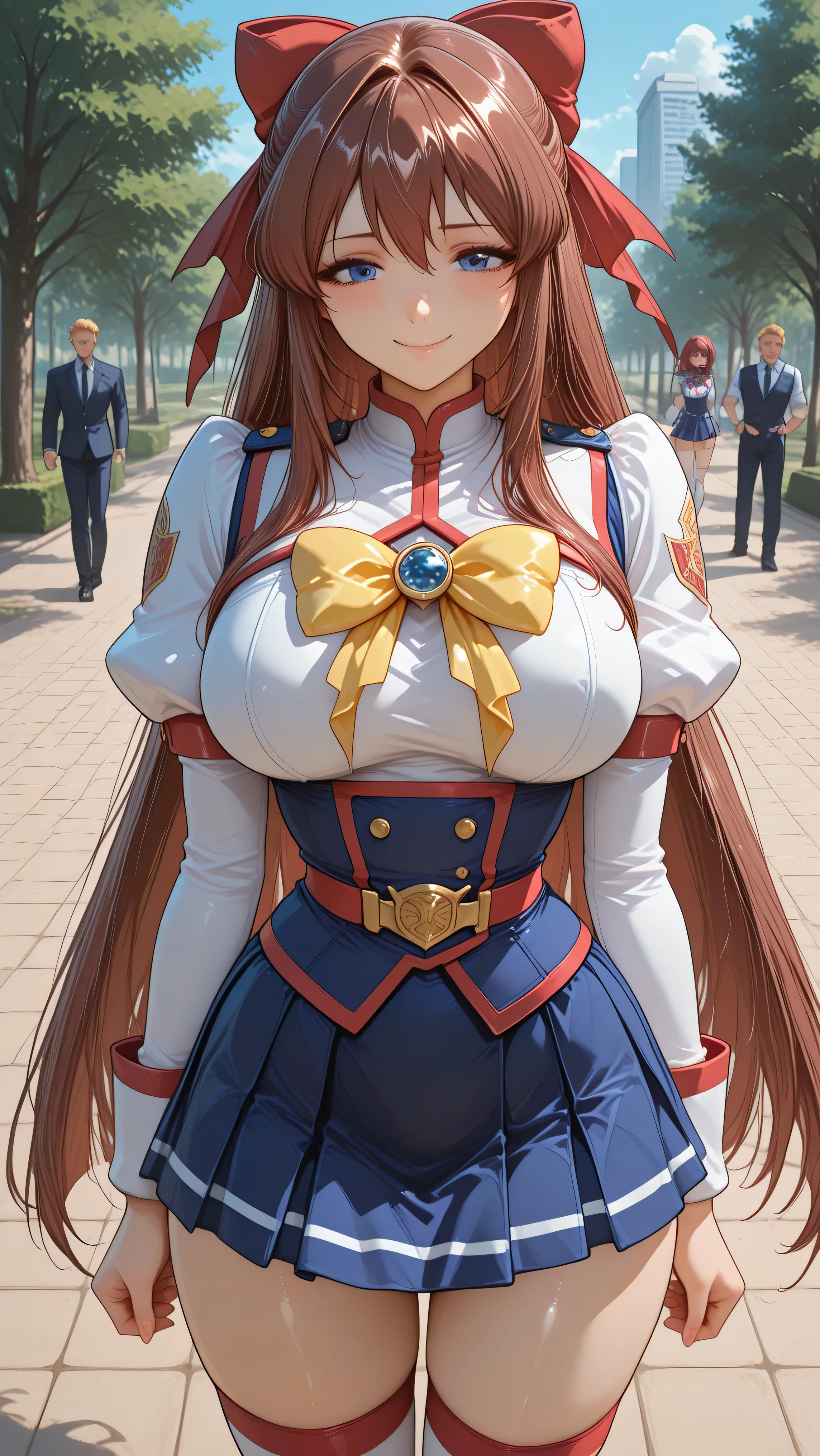 masterpiece, mejor calidad, 1girl, alone, kanzaki_aoi_(They_b), They_b_Academia_ uniform , brown hair, cabello largo, blue eyes, mirando al espectador, breasts, puffed sleeves, long sleeves, skirt blue, yellow bow, mirando al espectador, white thighs, greeting the spectator, very detailed skin Blush, smile, standing, outdoor, park. <blora:kanzaki_aoi_True_blue:1>