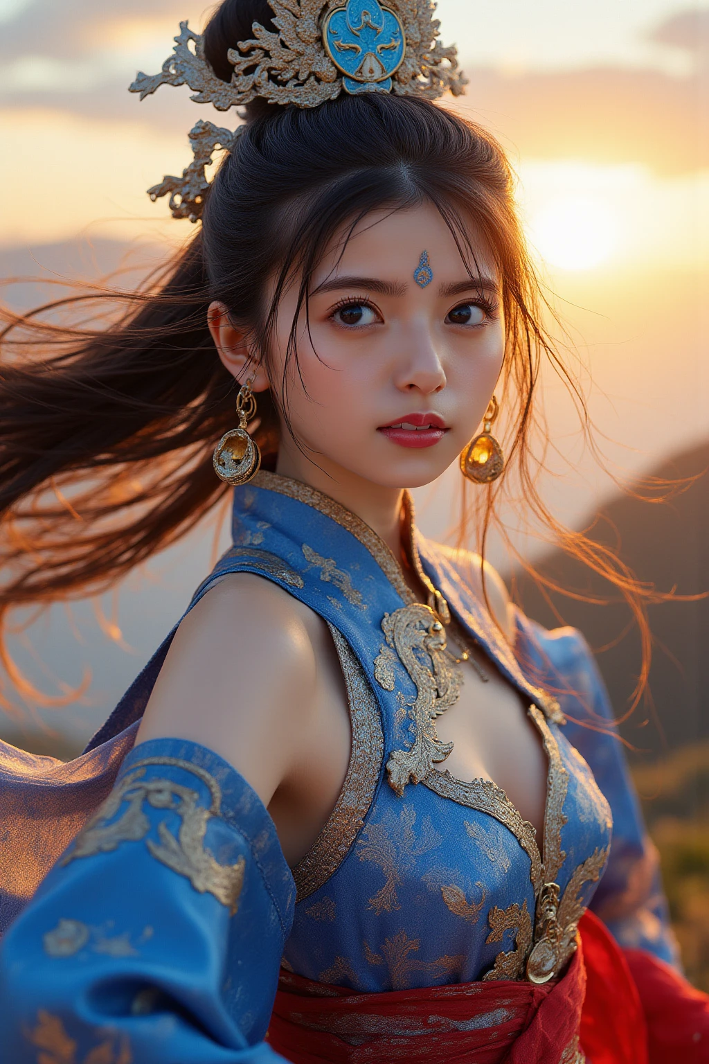 (RAW photo, best quality), (realistic, photo-realistic:1.3),best quality,highly detailed,masterpiece,ultra-detailed,illustration,1girl,upper_body,dynamic angle,world masterpiece theater,messy_long_hair,best quality,extremely detailed CG unity 8k wallpaper,ink,Amazing,cinematic lighting,lens_flare, dunhuang_style