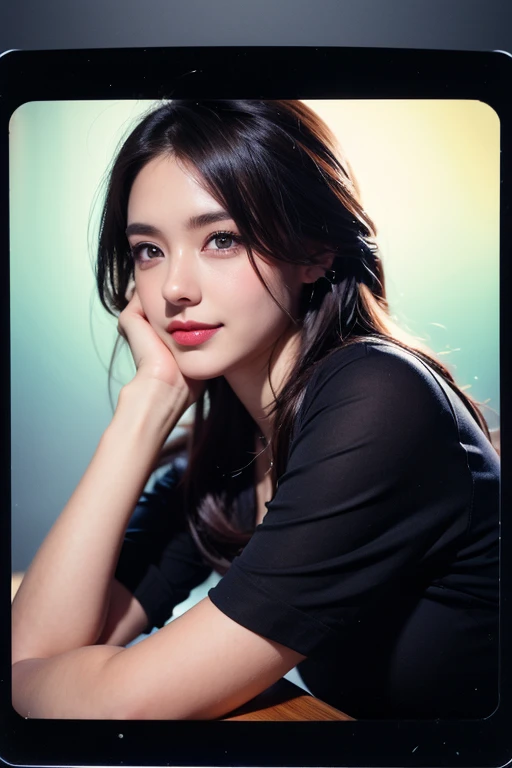 8K, Top Quality, Intricate Details, Ultra Detail, Ultra High Resolution, Masterpiece, close up shot, (full body: 1.1), Slender, Smile, (Makeup: 0.4), (Fluffy Blue Eyes: 1.21), blue Eyes, ((full body)), 1girl, solo, 1 girl, (( full body)), close up shot, , ((tall)), (((fit body))), (((slim face))), sharp face, sharp eyes, (( black hair, long hair, random hairstyle )) , (detailed face), sharp face, small lips, 
 (( black )),  detailed face, detailed , , large , detail , , Beautiful girl with accentuated slender abs: 1.4, Six Pack Abs: 1.4,  Botox, Big, Perfect Body, detail leg, (( dark background)), black background,