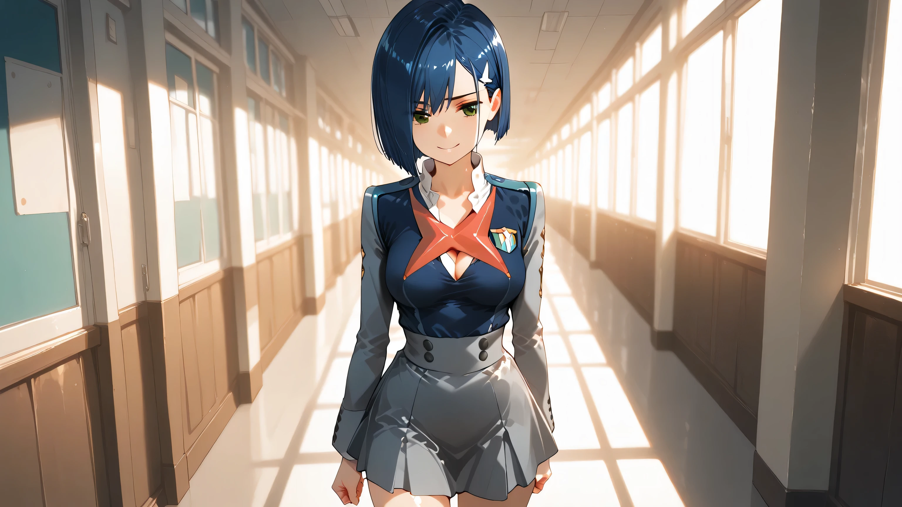 4k, absurdres, intense colors, masterpiece, best quality, amazing quality, depth of field, (dynamic lighting), 1girl, ichigo_franxx, sexy, shiny skin, short hair, blue hair, hairpin, sexy green eyes, sinister smile, medium breasts, aroused, perfect body, tight school girl uniform, short mini skirt, white lacy thong, lots of cleavage, erect nipples, at school, walking down hallway, breasts focus
