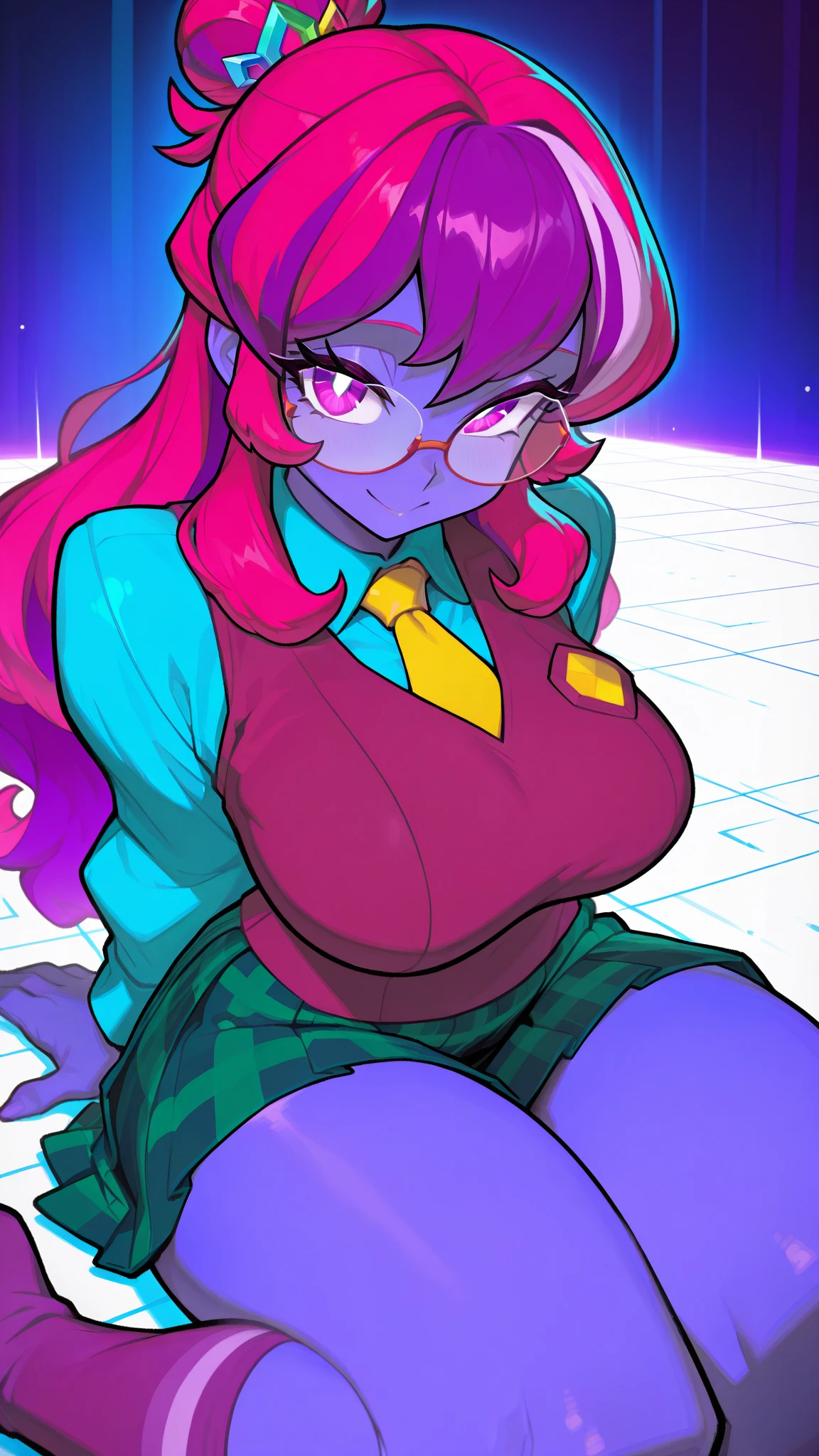 1girl, glowing hair, rainbow hair, rainbow eyes, dark background, black skin, smug, smirk, portrait, white unbuttoned shirt, massive breasts, holding rainbow sword
