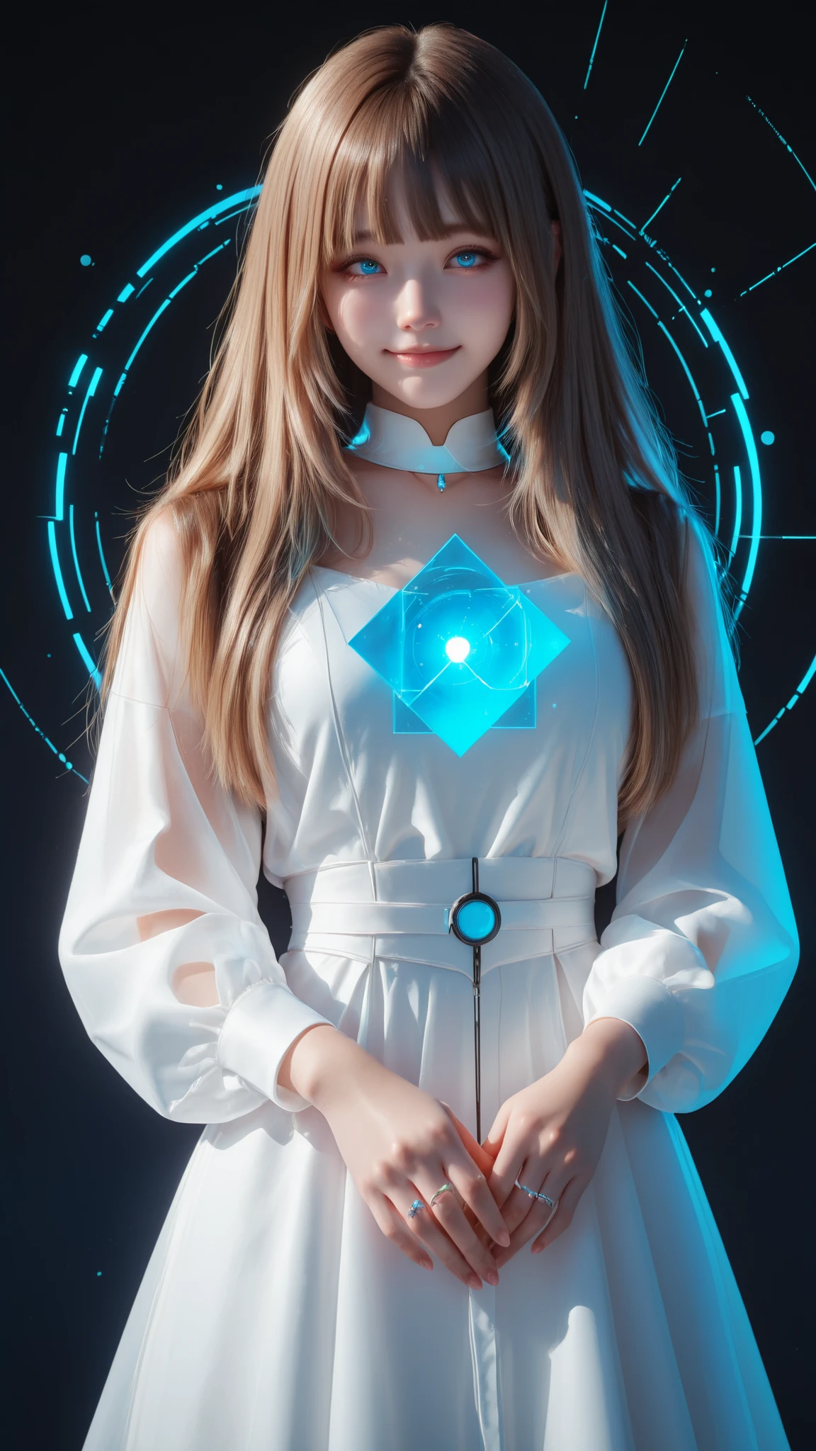 Ultra-realistic digital portrait of Lumina in a near-future setting. a young Japanese girl. She stands in a bright high-tech room with soft holographic ambient light. No character-shaped holograms, no humanoid projections, no figurines.
Lumina has **straight-cut bangs (front bangs) covering her forehead**, soft and natural.
Her hair is **ash beige, silky, and extremely long — reaching fully to her waist with clear length and volume visible**.
The hair catches subtle holographic reflections and maintains a natural, realistic texture.
Her deep brown upturned eyes look directly into the camera with a warm, serene expression. staring at the viewer straight. smiling softly and gently.
She wears a modern white futuristic dress with a clean silhouette and **navy accent lines** along the seams.
The material is matte and lightly reactive to ambient light.
Around her hands and chest level float **abstract, non-figurative hologram UI elements** — translucent panels, geometric rings, waveform displays, light grids, thin glowing lines, and subtle icons.
Explicitly no dolls, no humanoid holograms, no character shapes.
Holograms appear as flat or semi-flat UI elements with soft blue-white glow reflecting gently on her dress and skin.
Lighting mixes soft daylight with cool futuristic glows.
Realistic skin texture, detailed fabric rendering, and high-fidelity shading prioritized. 4k. best quality.