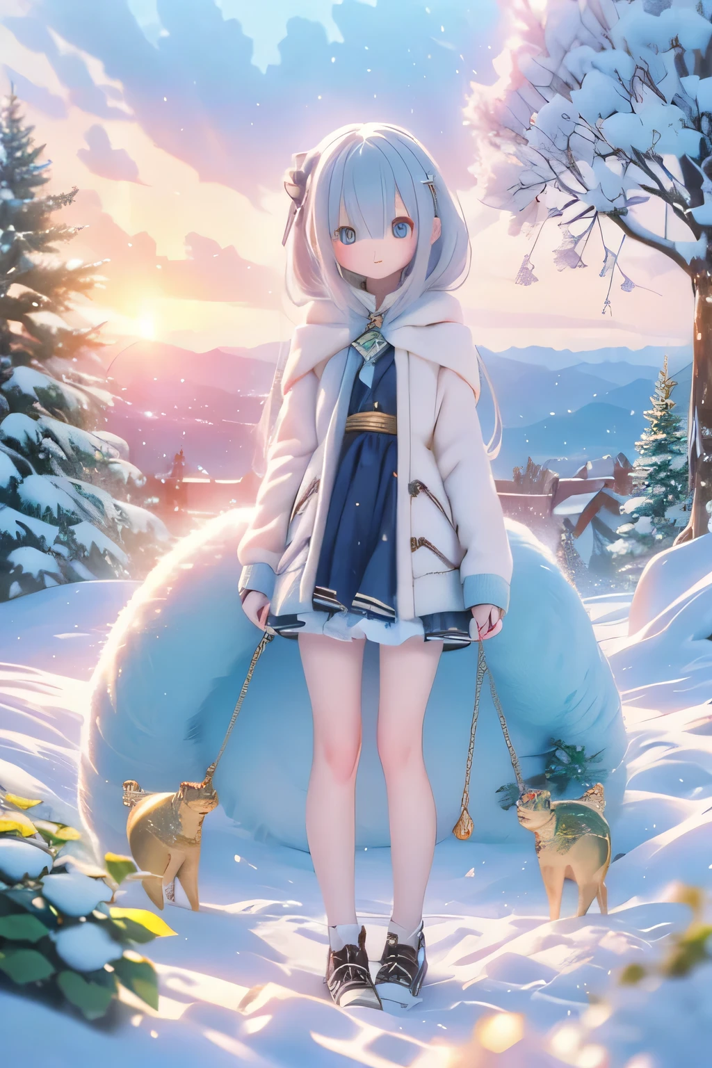 Emilia,,Gentle Eyes,,Background around a conical tank,light particle,Sky Dyed by Sunset,amazing vibe,Delicate Digital Art,High Fine,covered with ivy and moss,4K rendering,Standing on all fours at the execution site of a woman dressed as Aquaman in Washington DC,Professionals,bright color,Bokeh、Mysterious otherworldly scenery、Ice Sword、Freezing cute、Ice Queen diamond dust