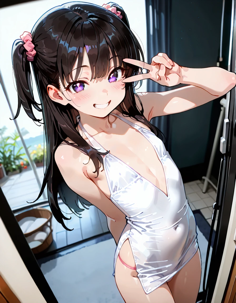 anime girl in  laying on bed with her hands on her head, oppai,  anime girl, thicc, hanayamata, [ 4 k digital art ]!!, oppai proportions, , beautiful alluring anime woman, , with large breasts, big breasts!!, with a large breasts, big breasts! 1 wife belldandy nubile juvenile junior idol bookworm girl wearing hairclip cute lovable adorable tiny youthful innocent perky zellweger portman face middle-school girl energetic, loose hair, shy smile,  supple budding breast, unique face, blacke hair,  actress, , immature, childish, acting super shy, delicate, weak, loving romantic vibes, in love, small short height, preparing for , dwarf girl noble queen short slim legs, mischievous, soft babyfaced gentle happy looking face, carefree, unblemished skin, otaku student president, grin, braids hairstyle, naughty, teasing, awkward short girl, pitite lityle dainty diminutive, shougakusei shoujo, excited, hyperactive girl, skirt, small shoulders, slim arms, acting spoiled, sch0olgirl bangs, small breasts, 10 years old fashion trendy beautiful beautiful beautiful girl, gentle and attractive beautiful girl, 10 years old, delicate and sexy collarbone, Attractive oval face, double eyelids, smart peach blossom eyes, pink lips, small nose,  shoulders, ultra high definition, super detail, fresh and impressive, spreading smooth slim legs, ballerina body, plain girl bikini top, buxom body, portrait picture looking at camera, backless evening gown and high heels, spaghetti strap top, milky white breasts, song hyekyo, provocative smile