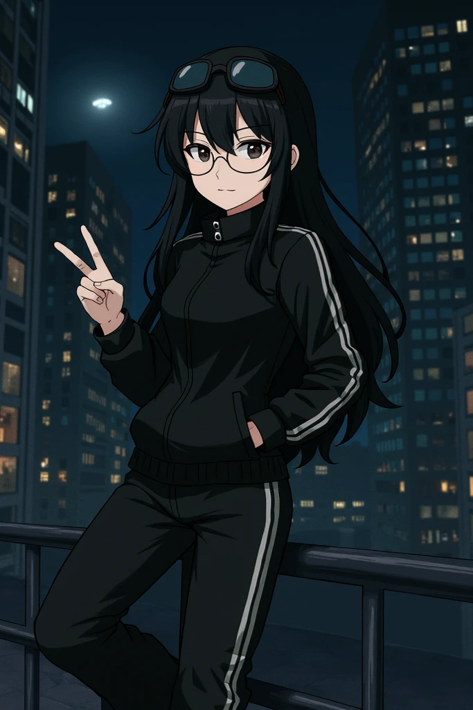 young girl,  Blinding Bangs hairstyle, black hair, punk outfit,  blck top, jeans short, black lips, smiling, goth girl, 4k, in a city, rain city, grey cloudy sky, 4k, looking at viewer, masterpiece