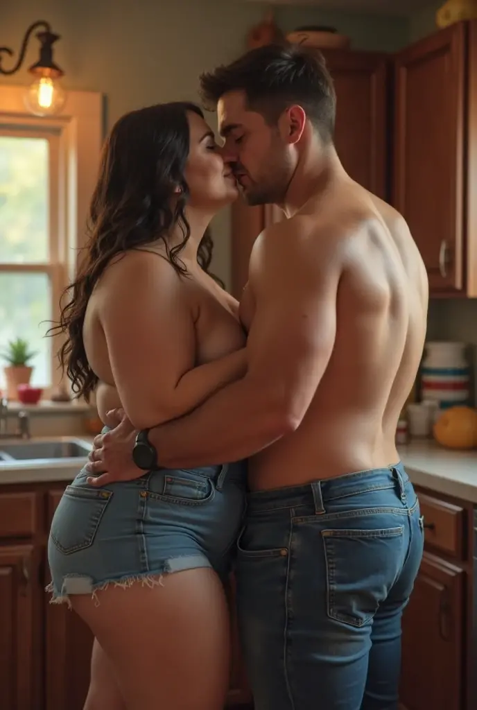 (a woman and a man kissing),masterpiece,semi  straight couple,,muscular male body,high quality,8 k,super quality,thick thighs,big ,thick thighs, huge ,large ,wet, wide , curvy, busty,full body photo,very thick thighs,nub, sweet,,Have , in kitchen, detailed ,very detailed , seeing ,