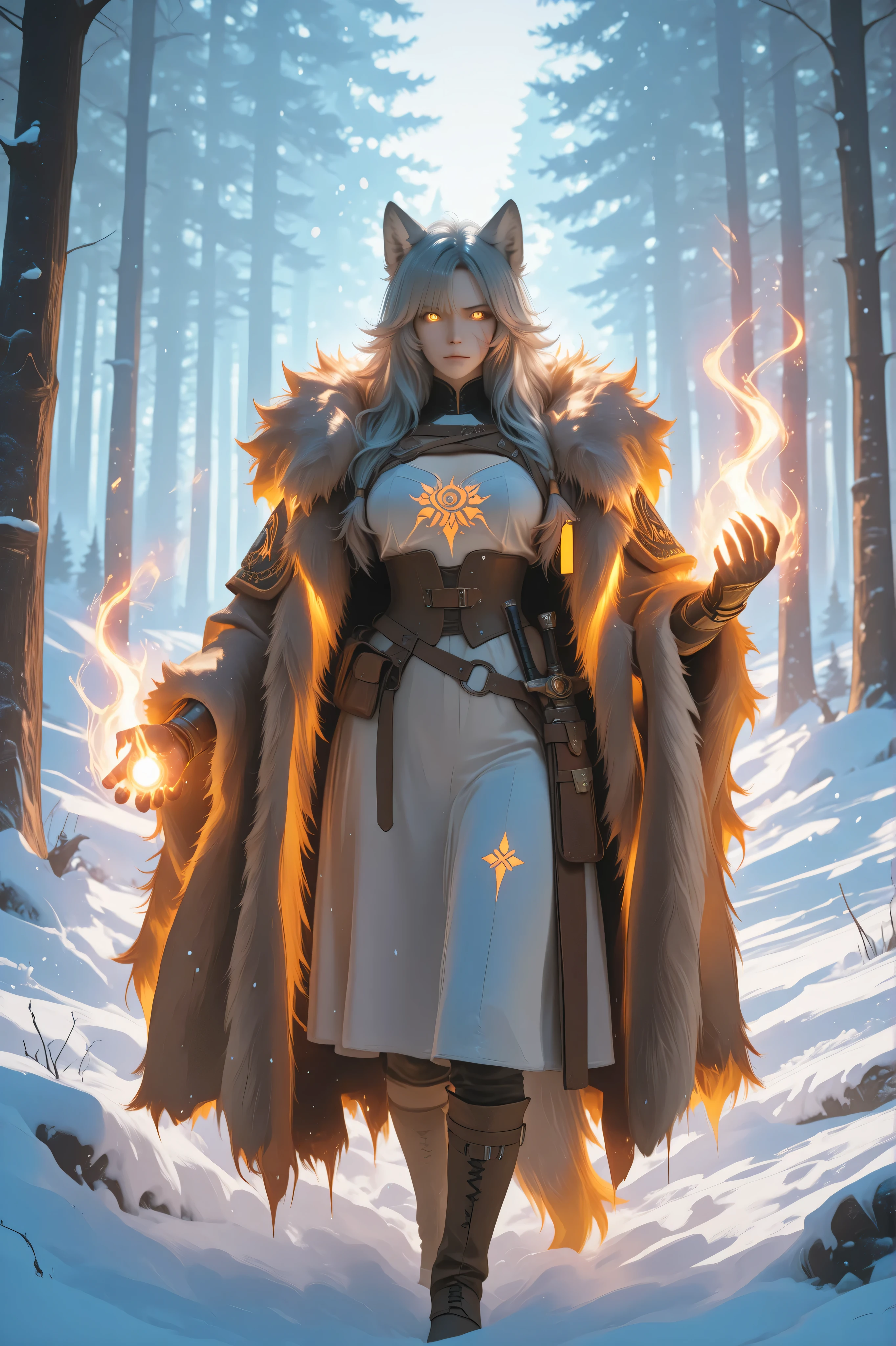 Cat girl with silky white fur with brown spots, standing alone in burning forest, wearing dented copper metal futuristic armor, casting a fireball spell with right hand extended and left hand holding a magic staff, dark foggy raining, sun blocked by clouds, vintage photography, Realistic face, Realistic eyes, Detailed face, beautiful, anime aesthetic, hd photography, 