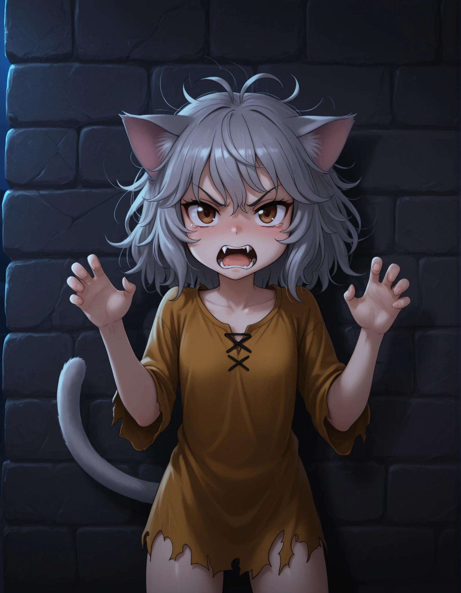 14_bis_v1,, 1girl, petite, (skinny and frail:0.7), cat girl, against wall, stone wall, brown eyes,looking at viewer, grey hair, medium hair, messy hair, angry, (scared:0.4), (open mouth:0.5), fangs, hands up, (tearing up:0.5), tail raised, torn clothes, straight-on, dark, night, outdoors, masterpiece,best quality, amazing quality,
