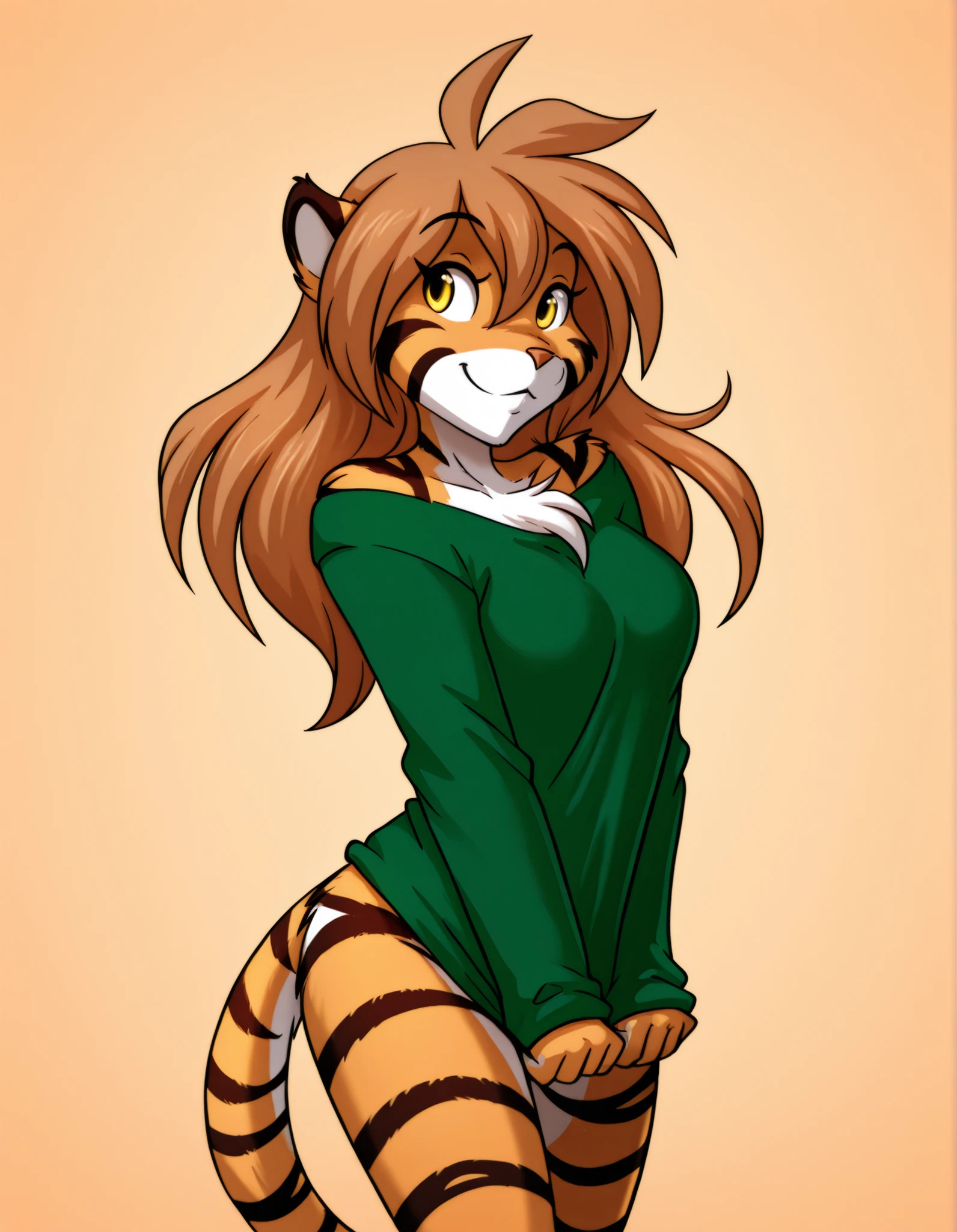 14_bis_v1,, furry, solo, flora-twokinds, flora_twokinds,, tiger, striped fur, keidran, yellow eyes, anthro, simple background,,, green shirt