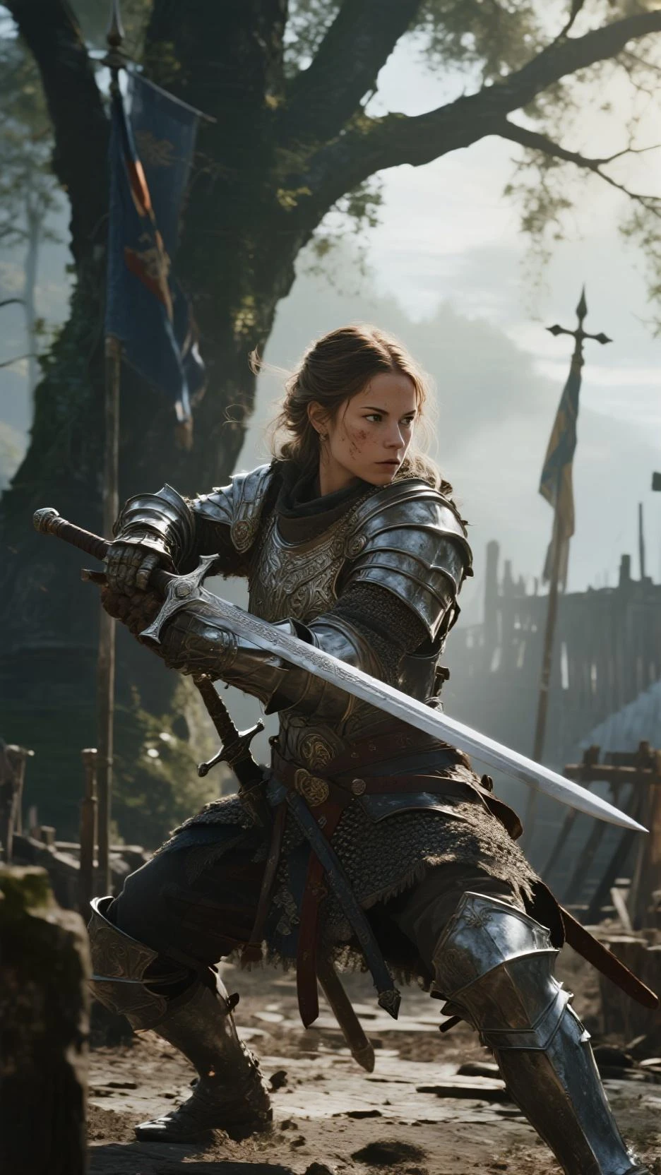 photorealistic image {1 Slavic warrior girl in an iconic attacking position, peasant clothes with chain mail and , raincoat, in a helmet, swinging sword in an expression of anger (wave your sword), perfect proportional , dark short hair, hold a shield, head protector, intricate , detailed, 8 k, best quality ever , Masterpiece , Super detailed, released creative energy , beyond imagination , dramatic light, gradient moving color background }, rude, dynamics, movement, wind, style Caravaggio