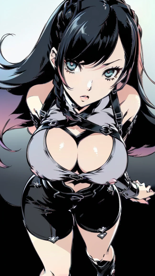 1 girl, long black and blue hair, blue heterochromia, red heterochromia, black cat ears, sad expression, crying, tears, slave collar, huge breasts, visible breasts,  breasts, visible  , chained, chains, , .