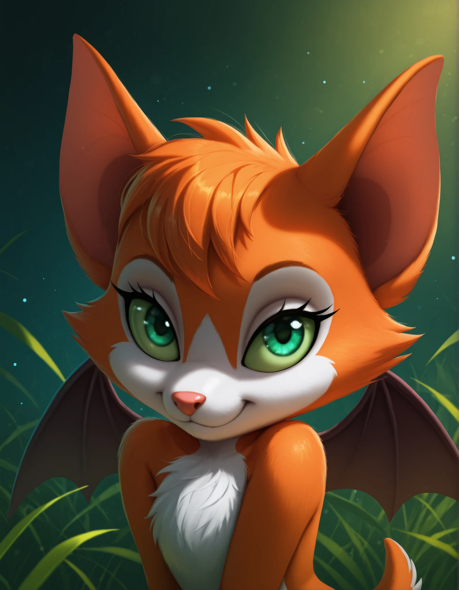 14_bis_v1,, masterpiece, best quality, very aesthetic, (1girl:0.7),, (solo:1.3), furry, fidget \(elysian tail\), nimbat, fidget_daet, anthro, furry female, wings, tail, green eyes, colored sclera, bat wings, facial markings, orange fur, white fur, two-tone fur,membranous wings, fluffy, portrait, big eyes, young, BREAK, masterpiece, best quality, high quality, particles effect, [:by Desubox:0.15], [:by Anchee, by Snowskau:0.55], detailed background, detailed foreground, subtle shadows, depth of field, backlighting, plant, nude