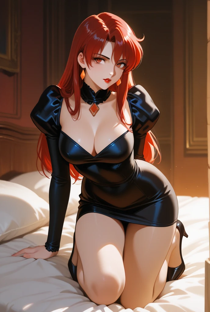 Rias Gremory A bold, western-looking, ultra-realistic beautiful woman, big, pointy , thin waist, (long red hair), slender, a beauty, red-colored eyes. She is wearing transparent unbuttoned men's shirt, black lace panties, standing beside the bed, seducing, bedroom, sheets, pillows, tall and slender, provocative look and face, (realistic and detailed photo, best quality, a masterpiece, 8K, vibrant colors, hyper detailed) realistic style,
