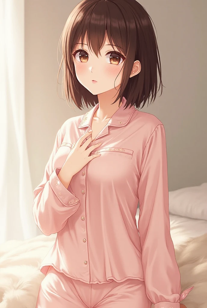 anegasaki nene、Shiny brown hair, short hair, (Beautiful brown eyes、Sparkling eyes, Fine grain)、smile、Ultra-detailed eyes、Highly detailed face, Highly detailed eyes,Cowboy Shot、
1 female, Large , Perfect body, White satin pajamas with a love pattern showing her , Are standing, , blush, smile, In the bedroom, Listen to me, , pajamas, Front view, ,
Cute girl anime visuals, Beautiful anime girls, Smooth anime CG art,
Official artwork, attractive Anime ,