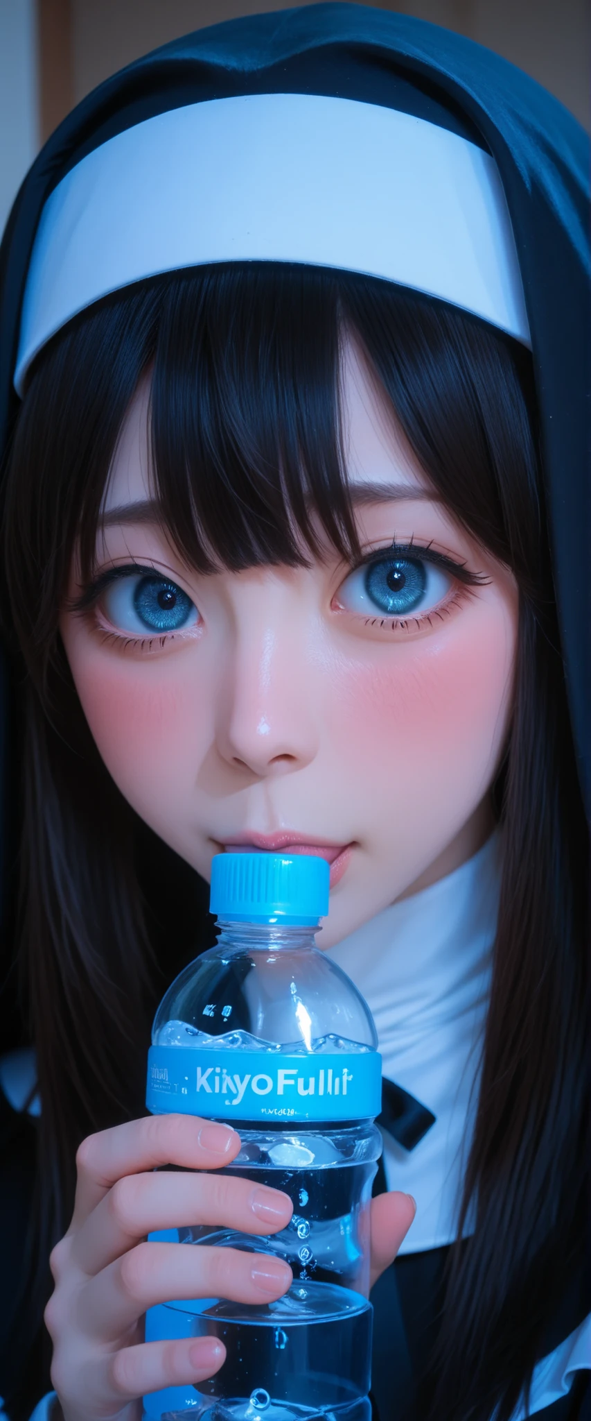 A girl in a black nun's outfit is holding a black latex water bottle. She's nervous and shy, show off vacuum fellatio bottle,
<KY_0002, glowing,