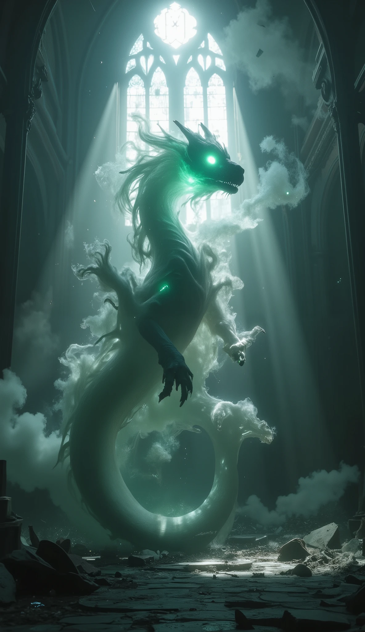 Phantom,A highly detailed ghostly dragon composed of swirling volumetric mist, ethereal fog, and wispy haze, with a semi-transparent silhouette featuring soft yet defined edges, a discernible face with subtle vapor whiskers, a visible nose bridge, delicate mist claw showing faint toe definition, and a long flowing tail, centered by two intensely glowing, semi-transparent **neon green eyes** emitting a radioactive, unnatural luminescence with crisp volumetric light rays and hypnotic sharpness, floating majestically within a powerful shaft of cold moonlight piercing through a shattered stained-glass window high in a vast, abandoned gothic cathedral hall engulfed in absolute textureless darkness, photorealistic, hyper-detailed, sharp focus, intricate mist textures, dramatic volumetric lighting, cinematic studio lighting from above, masterpiece, best quality, ultra HD, 8K resolution, 8K quality, ultra-sharp, insanely detailed, high contrast, crisp clarity.
