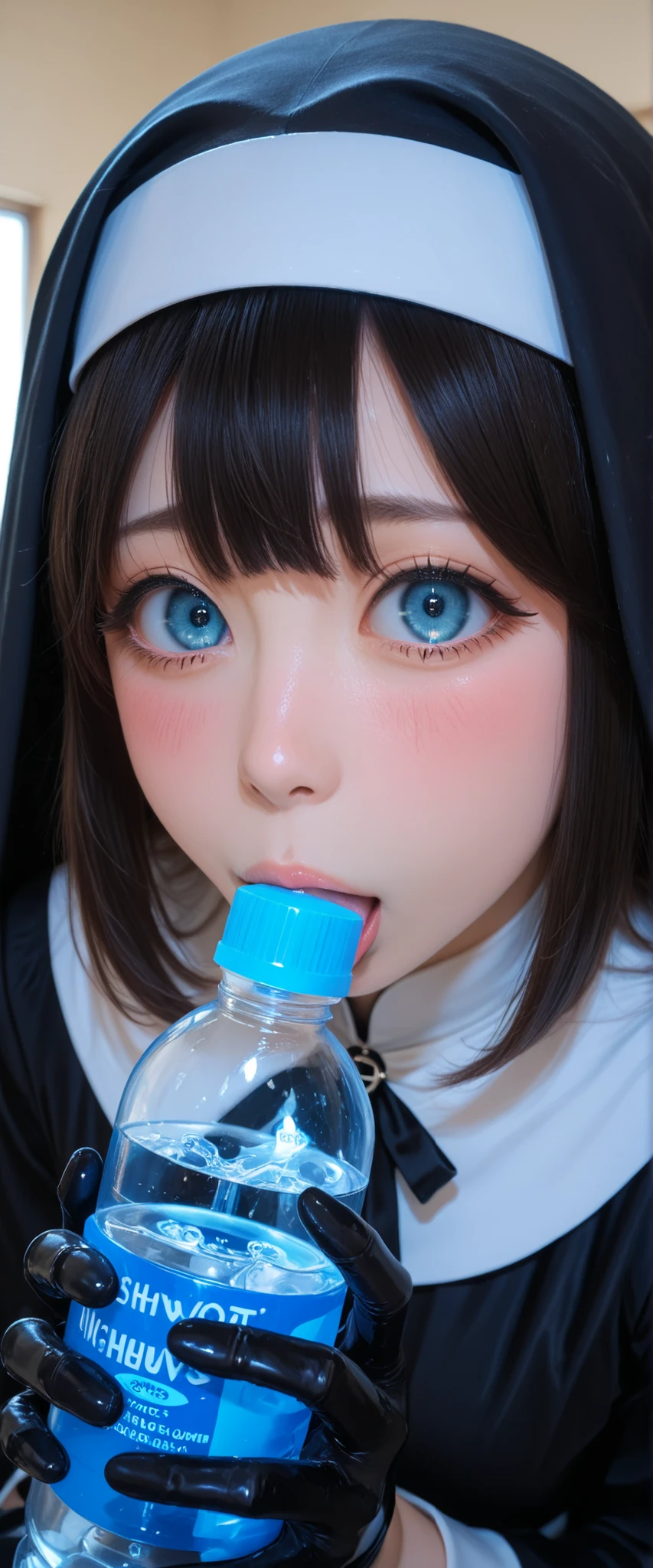A girl in a black nun's outfit is holding a black latex water bottle. She's nervous and shy, show off vacuum fellatio bottle,
<KY_0002, glowing,