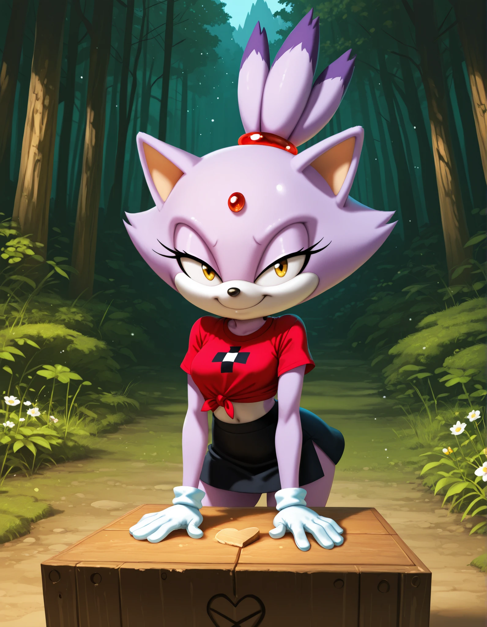 14_bis_v1,, solo, 1girl, blaze the cat, furry, shiny skin, short stack, white gloves, black miniskirt, midriff, red checkered knotted top, tied shirt, BREAK smile, smug, BREAK night, forest background, (mountains:1.1), flower, wood chopping block, cowboy shot, BREAK masterpiece, amazing quality, best quality, very aesthetic, newest, absurdres, cinematic lighting, ambient occlusion, raytracing, colorglow, light shafts, light particles