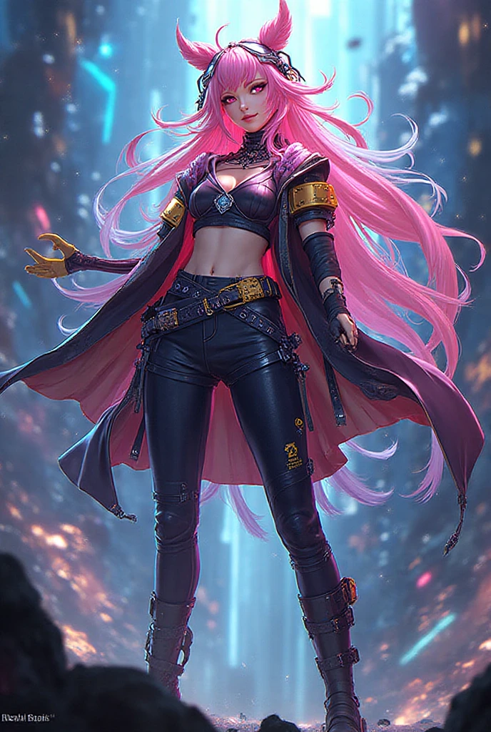 Jinx1024, Game character design，3D character rendering，(((Vector illustration style)))，League of Legends Jinx，((1 plump girl，(Blue double ponytail: 1.5)，Blue braids，red eyes，Giggle smile，future warrior，(Pink mechanical skirt: 1.3)，(A glowing magazine tied around his waist: 1.2)，Decorated with luminous lines and rivets，With streamer effect or LED light embellishment，Hand-held laser cannon、Ion cannon or pulse cannon))，((Hairstyling design：Brilliant deep blue，Add some glowing elements，Futuristic headwear such as orange photoelectric glasses or head-mounted displays))，((Expressive design：Add some glowing lines or orange LED light effects to the face decoration，Design different  expressions，Highlight the image of future warriors))，(action design：On the move、When releasing a skill or attacking，Add some special effects and animations，Highlight the sense of future and combat)，((Special effects design：Add a cool orange lighting effect、Electromagnetic wave effect or virtual interface，Enhance skin visual impact)), (((The stands up，Metal heels: 1.8, Glowing lines or orange LED light effect))), (fully body photo: 1.5)，doom (league of legend)，((starryskybackground，simplebackground)), Mecha Wings, The Art of Lunar Encryption Wow, (Perspectives, first person perspective, Ghibli-style colors, Luminism, 电影灯光, hyper HD, tmasterpiece, Acura, Anatomically correct, ctextured skin, super detailing, high detal, high high quality, Award-Awarded, Best quality at best, 16k)
