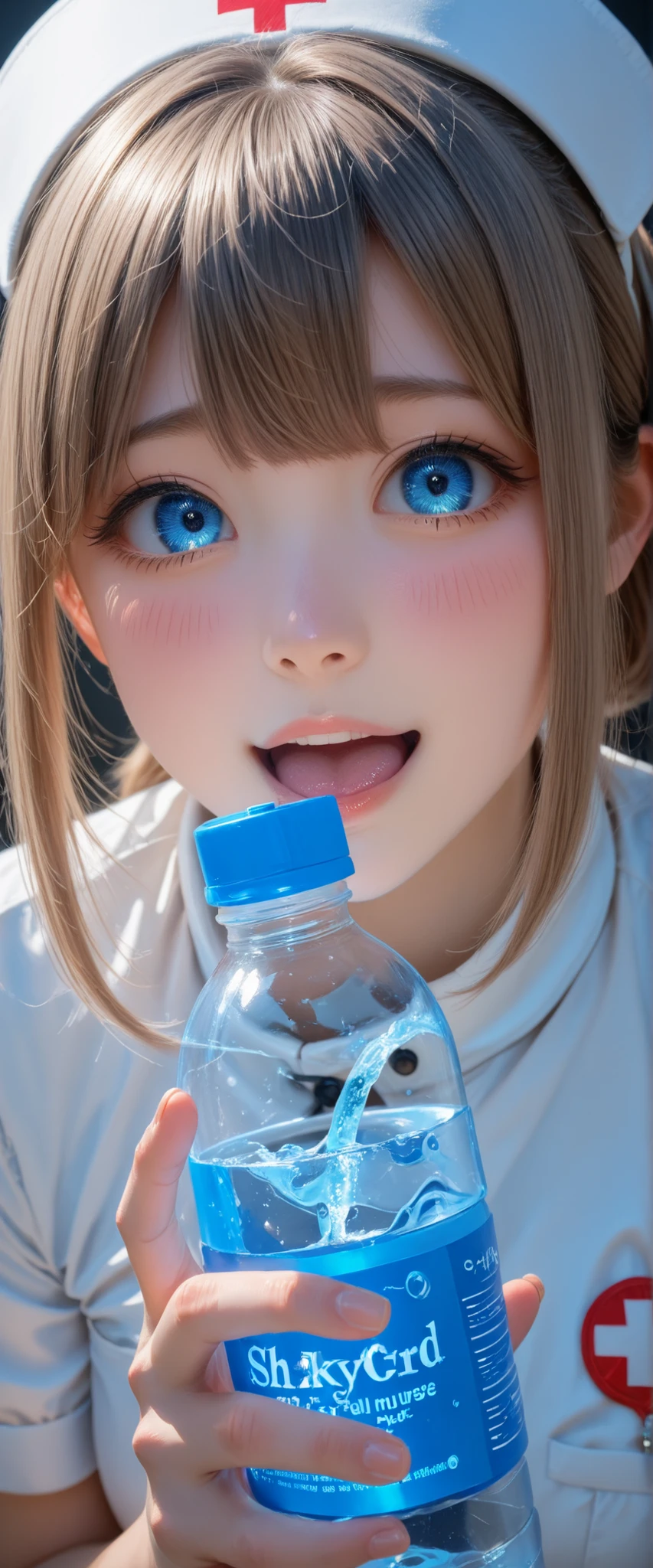 A girl in a white nurse's outfit is holding a water bottle. She's nervous and shy, show off vacuum fellatio bottle,
<KY_0002, glowing,