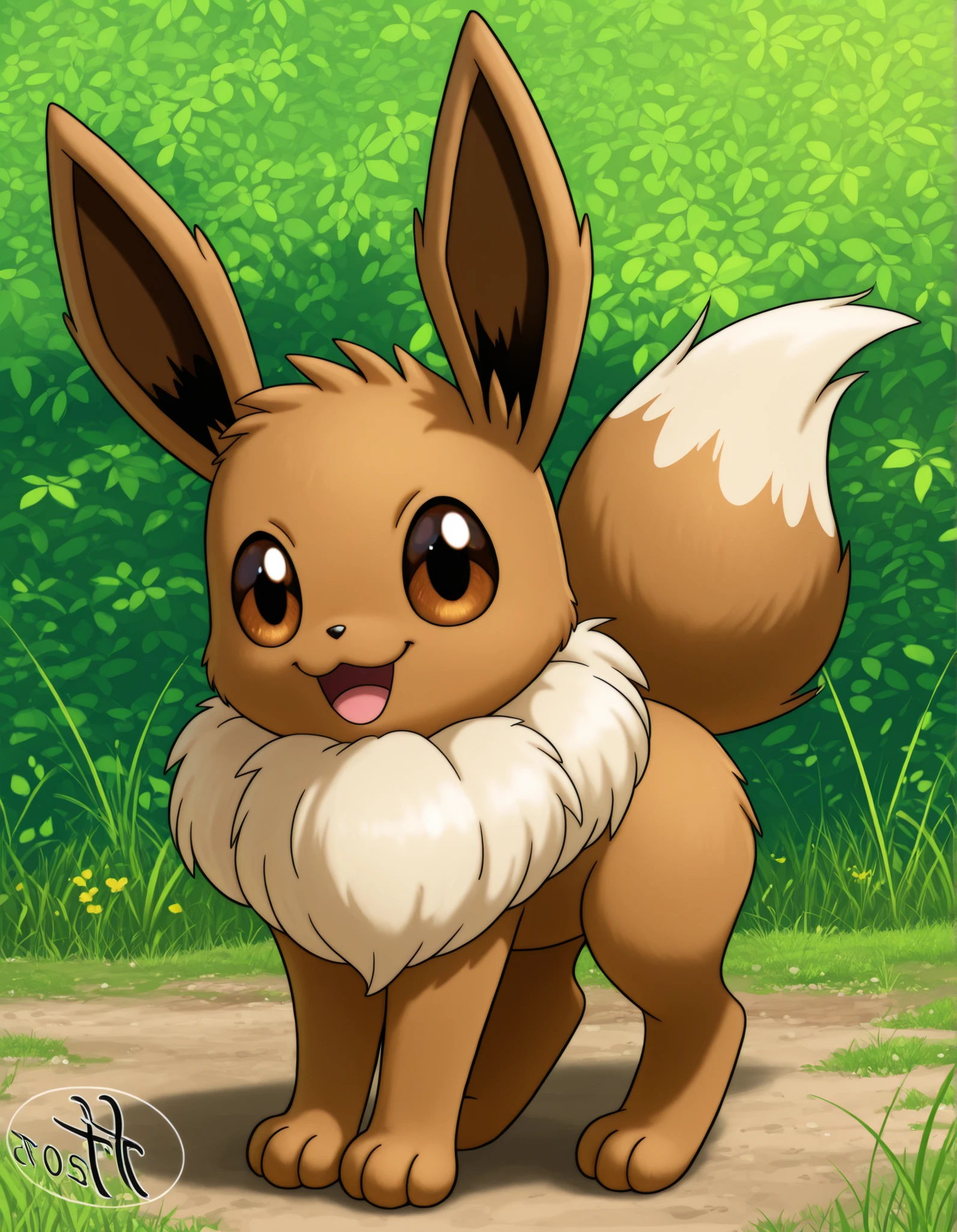 14_bis_v1,, pokekid, eevee, fluffy girl, furry girl, female, smile, smiling, has a big pretty bow in her hair, has animal paws for hands, 1girl, best quality, outdoors, high definition, cute,