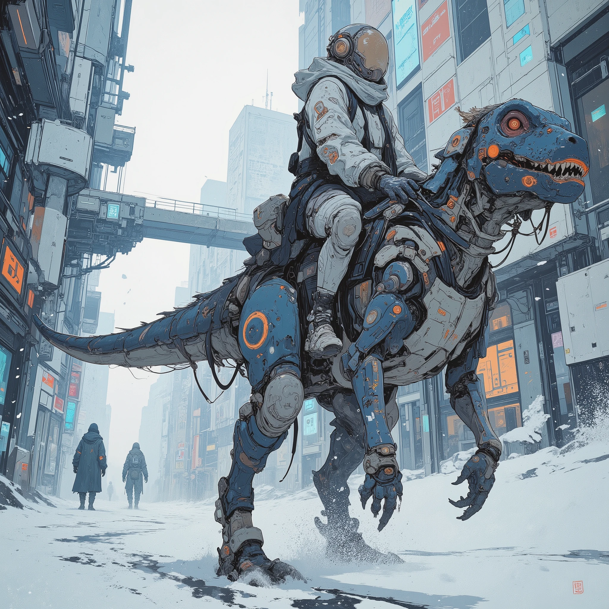 (masterpiece), (best quality), (highly detailed), (illustration), (concept art style),
A serene, atmospheric sci-fi scene set in a clean and orderly futuristic city covered in fresh snow.
Soft snowfall drifts through the air, collecting on the smooth, bright surfaces of the futuristic architecture.
(a small cybernetic raptor) with an agile, dinosaur-like body,
raptor-specific anatomy, sharp eyes, clawed feet, a slim, balanced tail.
Cybernetic augmentations include metallic prosthetic limbs, glowing sensor modules, and exposed mechanical joints.
The creature looks alert and expressive, facing the viewer.
Riding securely on the raptor’s back is a person wearing advanced cold-weather armor,
featuring insulated segments and soft glowing lines.
The person also faces toward the viewer, their posture steady and confident,
light snow collecting on their shoulders and helmet.
The background shows a clean, utopian-style futuristic city: sleek structures, glass walkways, gentle lights diffused by falling snow, and wide open spaces with no clutter.
The mood is quiet, calm, and atmospheric — highlighting the bond between the rider and the highly detailed cybernetic raptor.
