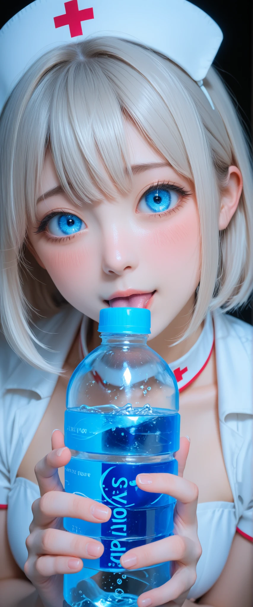 A girl in a white nurse's outfit is holding a water bottle. She's nervous and shy, show off vacuum fellatio for water bottle, white syrup in water bottle,
<KY_0002, glowing,
