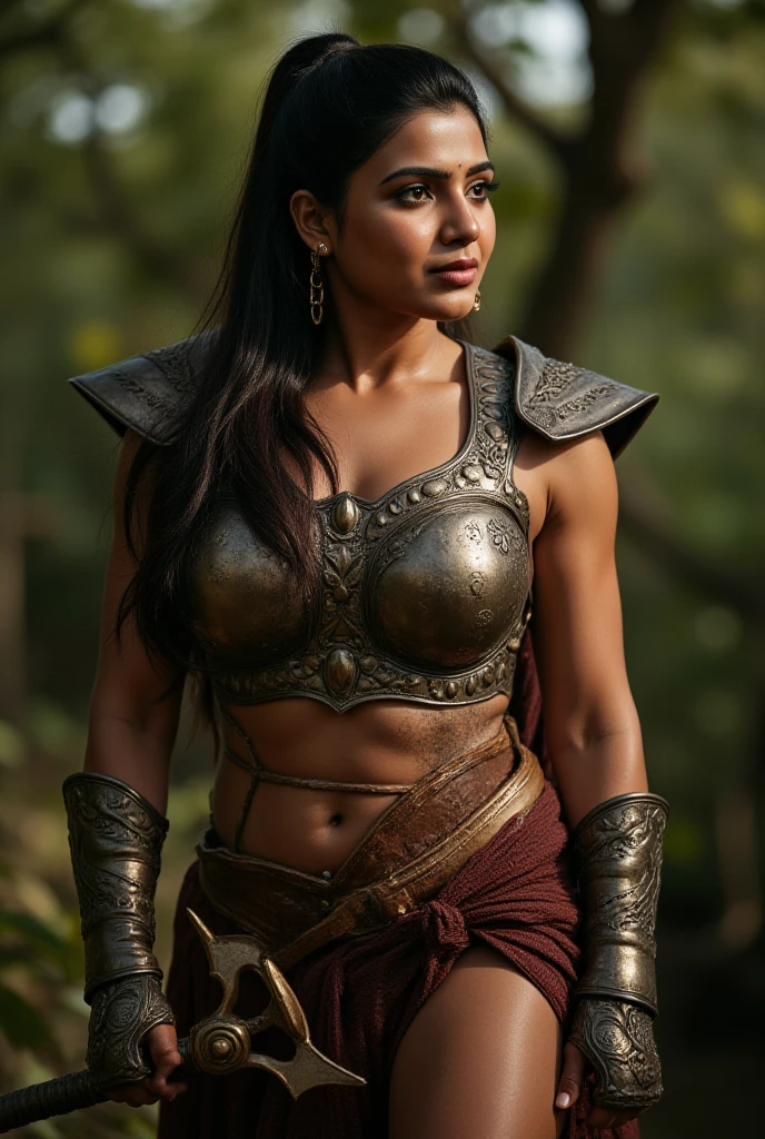 photograph of  woman    36  year old  Hindu ,  warrior wearing ornate armor walking in dense forest, muscular body, slender body, sexy, dramatic light  , skin, 8k, highly detailed, nikon, dslr, hdr, blurry, 100-400mm lens, composition, best composition, classic
