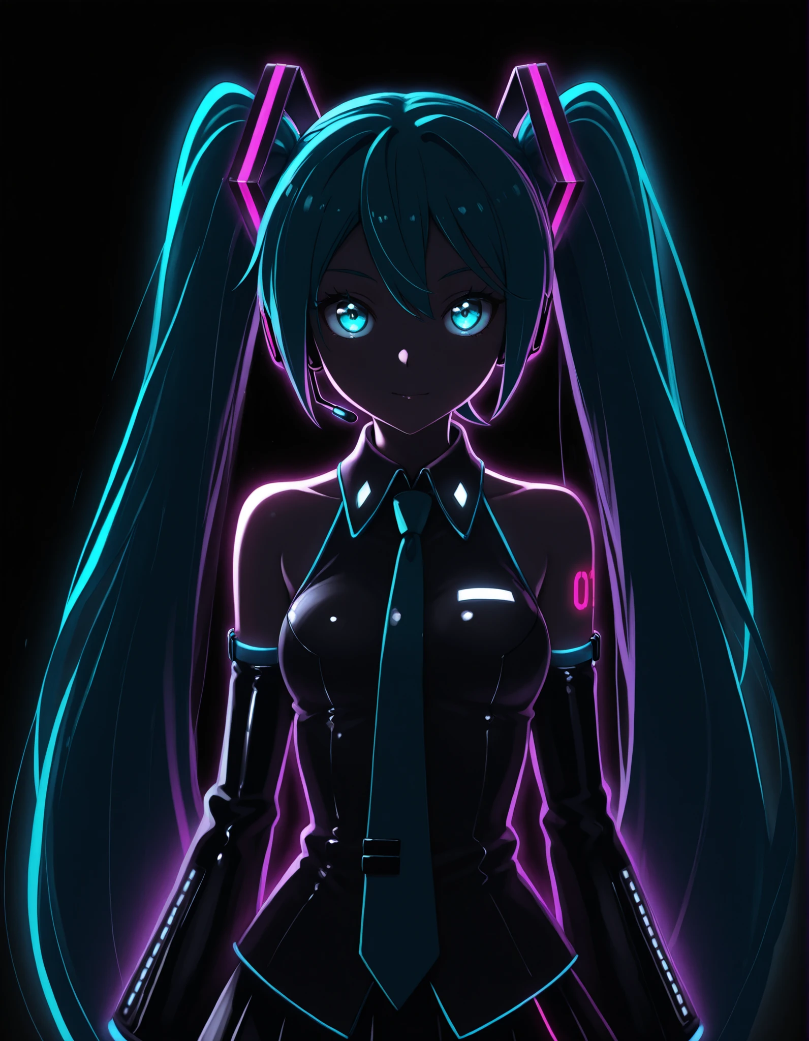14_bis_v1,, Hatsune Miku, limited palette, black background, colorful, vibrant, glowing outline, neon, blacklight, looking at viewer, masterpiece, very aesthetic