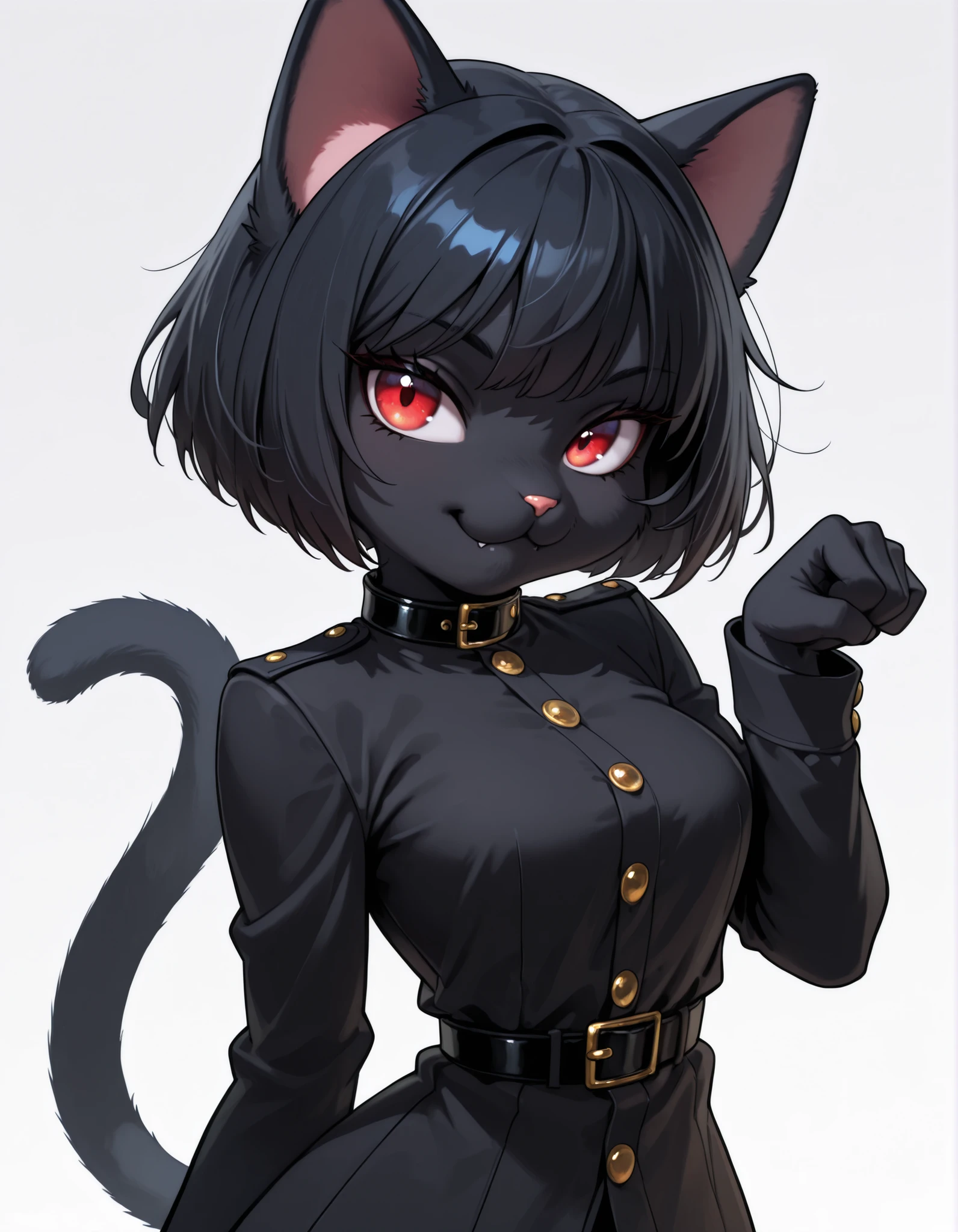 14_bis_v1,, masterpiece, best quality, very aesthetic, 1girl, solo, white background, looking at viewer, portrait, paw pose, :3, furry female, cat girl, animal ears, black hair, short hair, black skin, red eyes, cat tail, black jacket, buttons, long sleeves, black belt, collar, masterpiece, best quality,