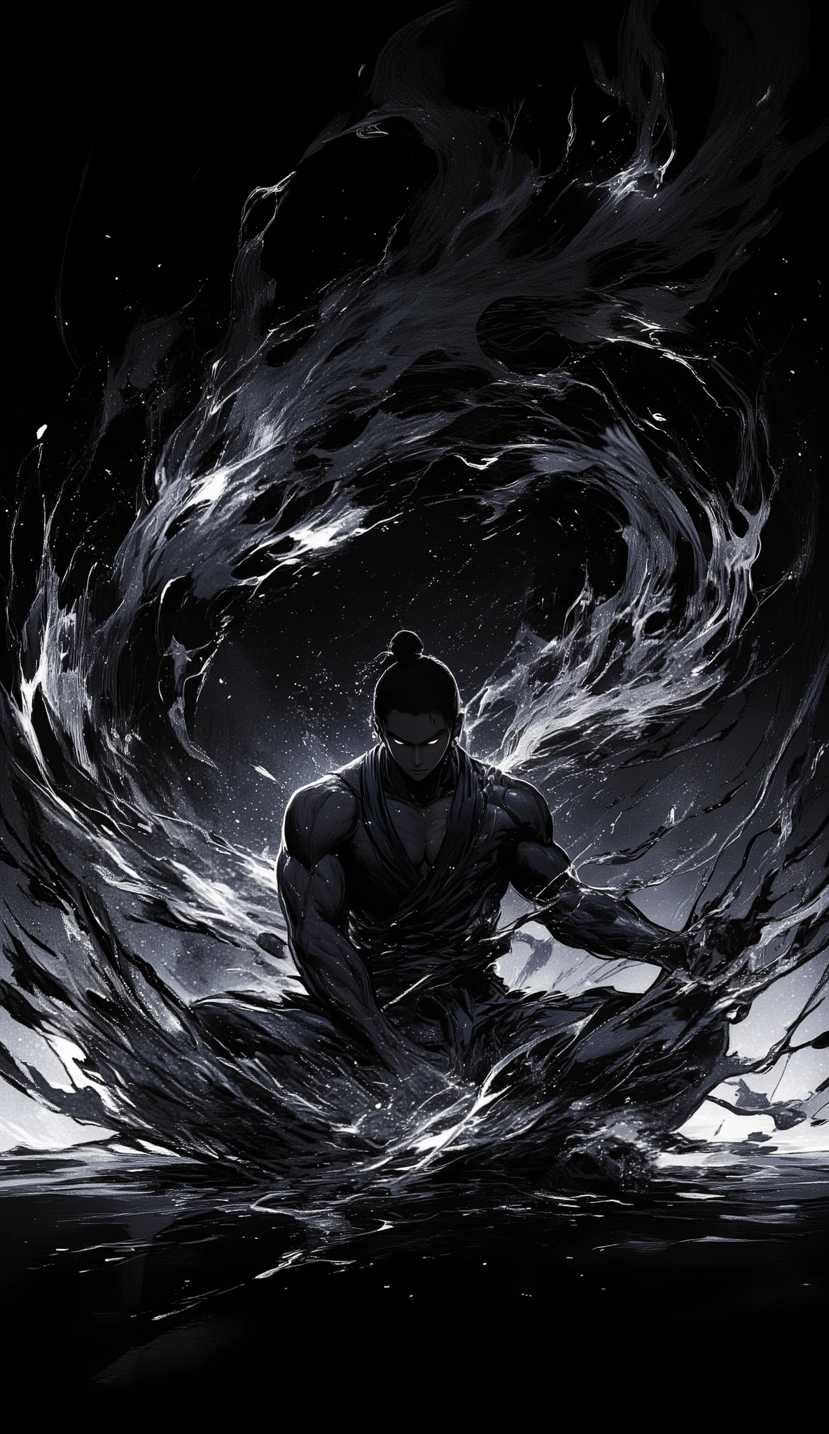 black、black、black、blackい背景に墨絵、blackい線画、High Quality、high image quality、Osmudging Outline、流れるblack、blackい炎を纏い胡座をしている格闘家、Motion Blur
