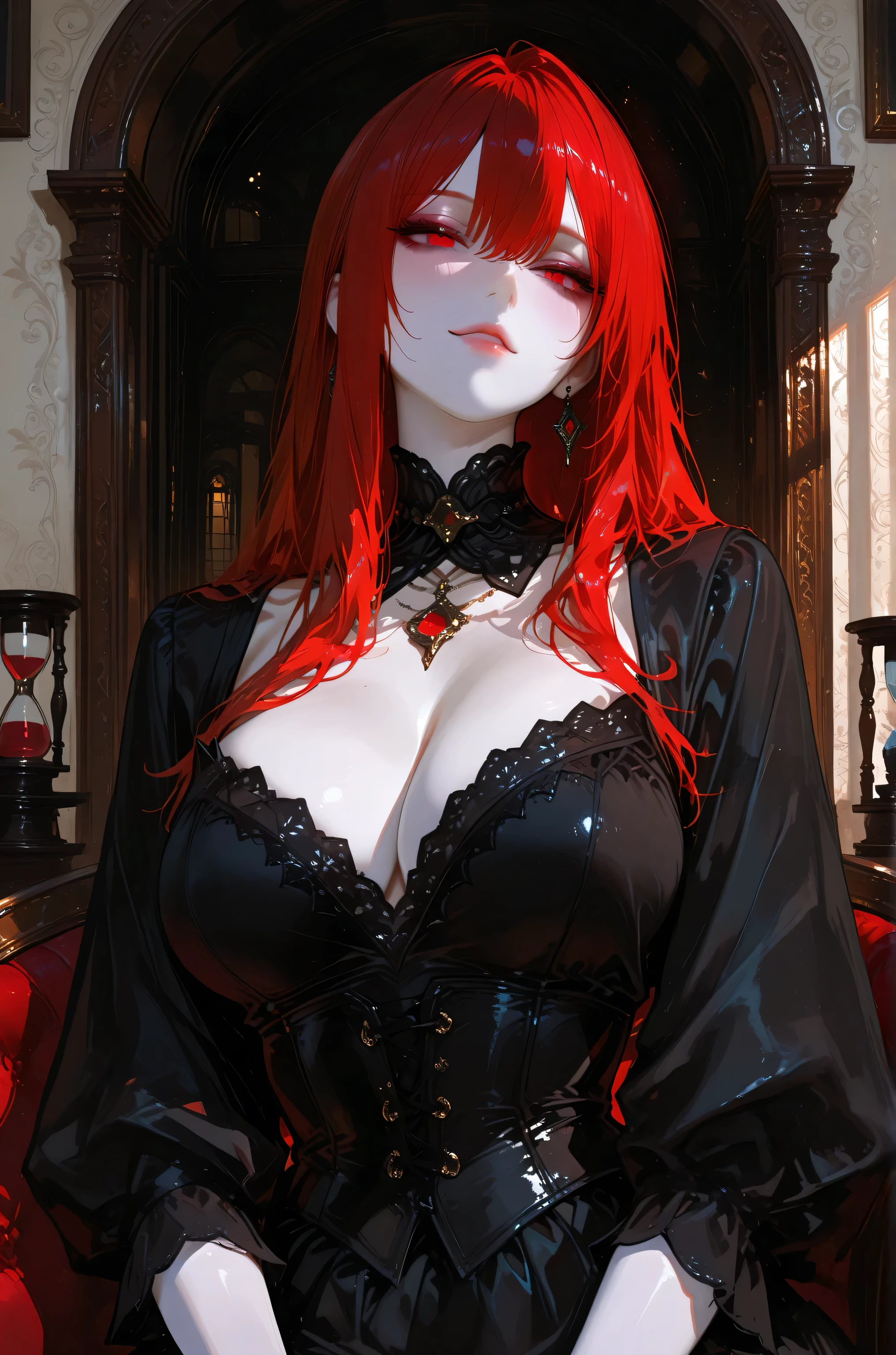 1 adult, well-proportioned face, seductive woman, attractive woman, beautiful woman, adult women, pale skin, dressed in a full-black demonic maid uniform, cold expression, long crimson-red hair, free-falling crimson-red hair, crimson eyes, buxom physique, hourglass shapes, perfect curves, massive voluptuous breasts, tantalizing waist, light imperial background, detailed portrait, intricate facial features, alluring gaze, delicate skin, exquisite makeup, elegant jewelry, luxurious dress, sophisticated setting, dramatic lighting, cinematic style, flawless photo-realistic, hyperdetailed, 8K, HDR, masterpiece, zoom out, full body, full figure