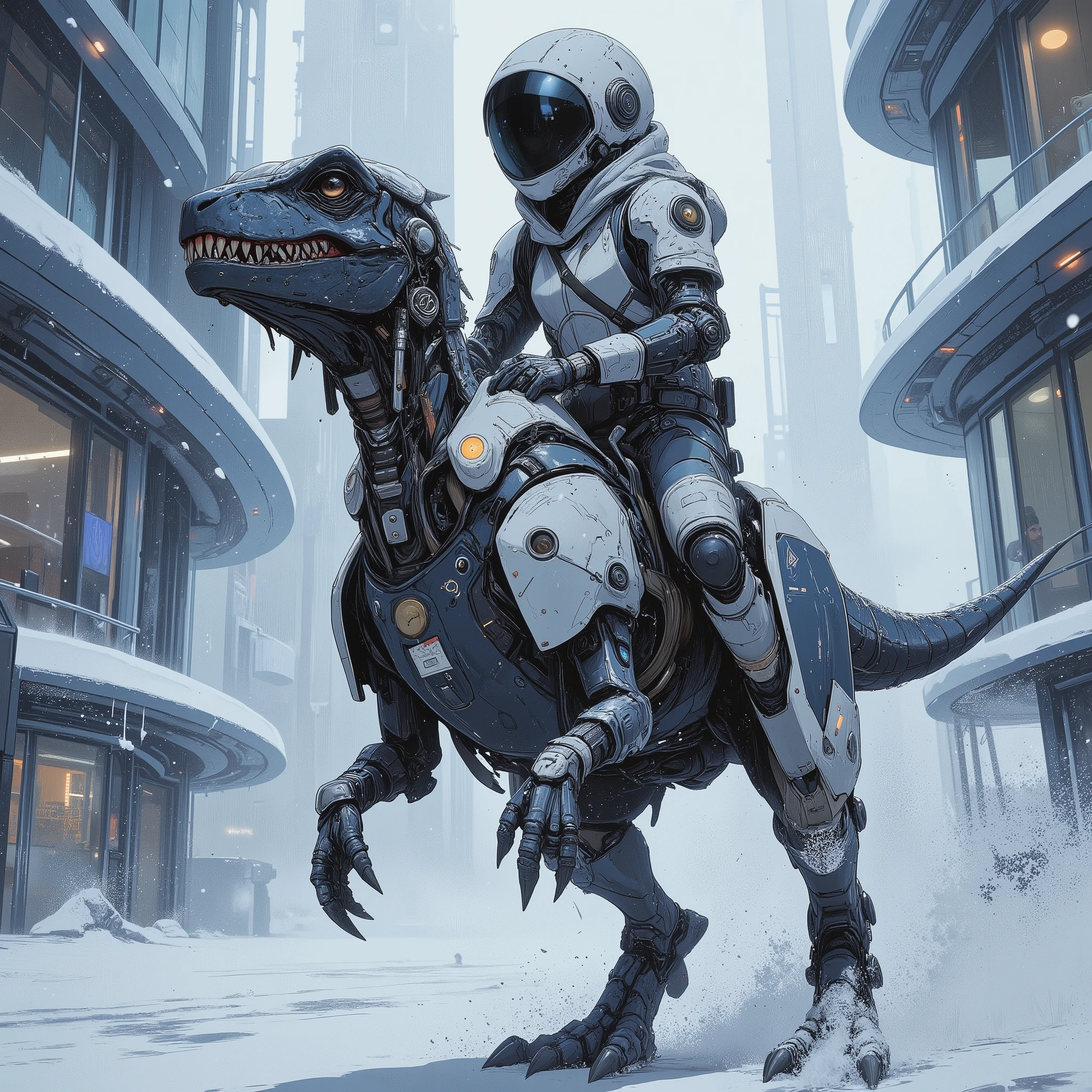 (masterpiece), (best quality), (highly detailed), (illustration), (concept art style),
A serene, atmospheric sci-fi scene set in a clean and orderly futuristic city covered in fresh snow.
Soft snowfall drifts through the air, collecting on the smooth, bright surfaces of the futuristic architecture.
(a small cybernetic raptor) with an agile, dinosaur-like body,
raptor-specific anatomy, sharp eyes, clawed feet, a slim, balanced tail.
Cybernetic augmentations include metallic prosthetic limbs, glowing sensor modules, and exposed mechanical joints.
The creature looks alert and expressive, facing the viewer.
Riding securely on the raptor’s back is a person wearing advanced cold-weather armor,
featuring insulated segments and soft glowing lines.
The person also faces toward the viewer, their posture steady and confident,
light snow collecting on their shoulders and helmet.
The background shows a clean, utopian-style futuristic city: sleek structures, glass walkways, gentle lights diffused by falling snow, and wide open spaces with no clutter.
The mood is quiet, calm, and atmospheric — highlighting the bond between the rider and the highly detailed cybernetic raptor.