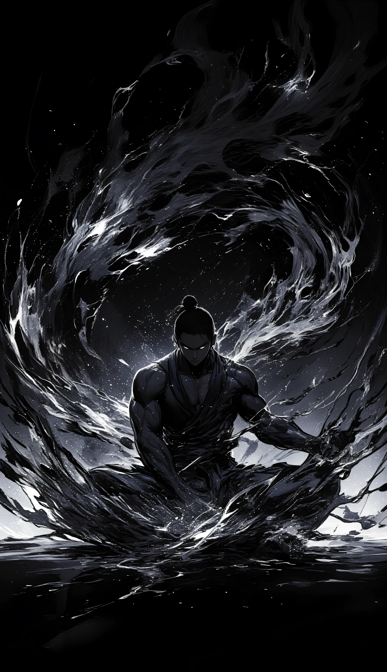 black、black、black、blackい背景に墨絵、blackい線画、High Quality、high image quality、Osmudging Outline、流れるblack、blackい炎を纏い胡座をしている格闘家、Motion Blur